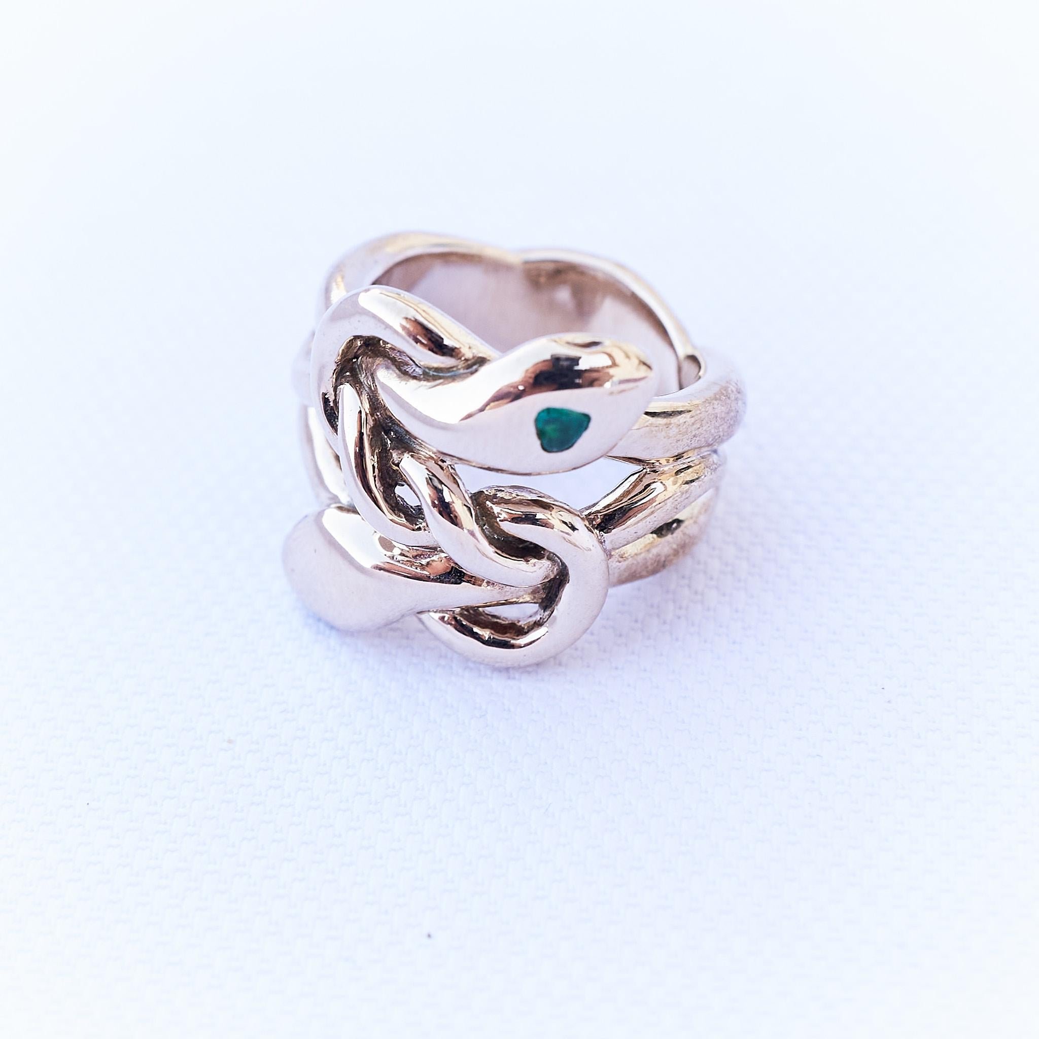 Emerald Heart Snake Ring Cocktail Ring Bronze J Dauphin In New Condition For Sale In Los Angeles, CA