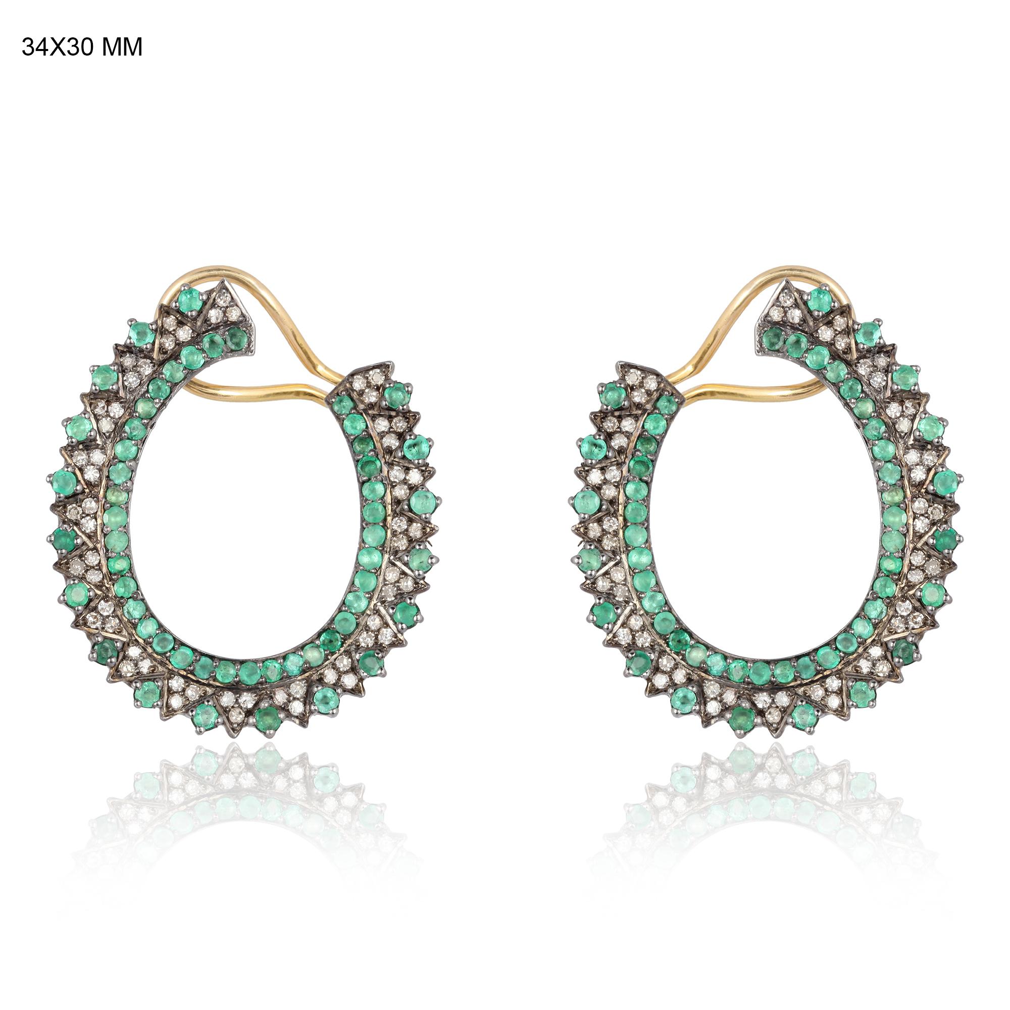 Artisan Emerald Hoop Diamond Earrings For Sale