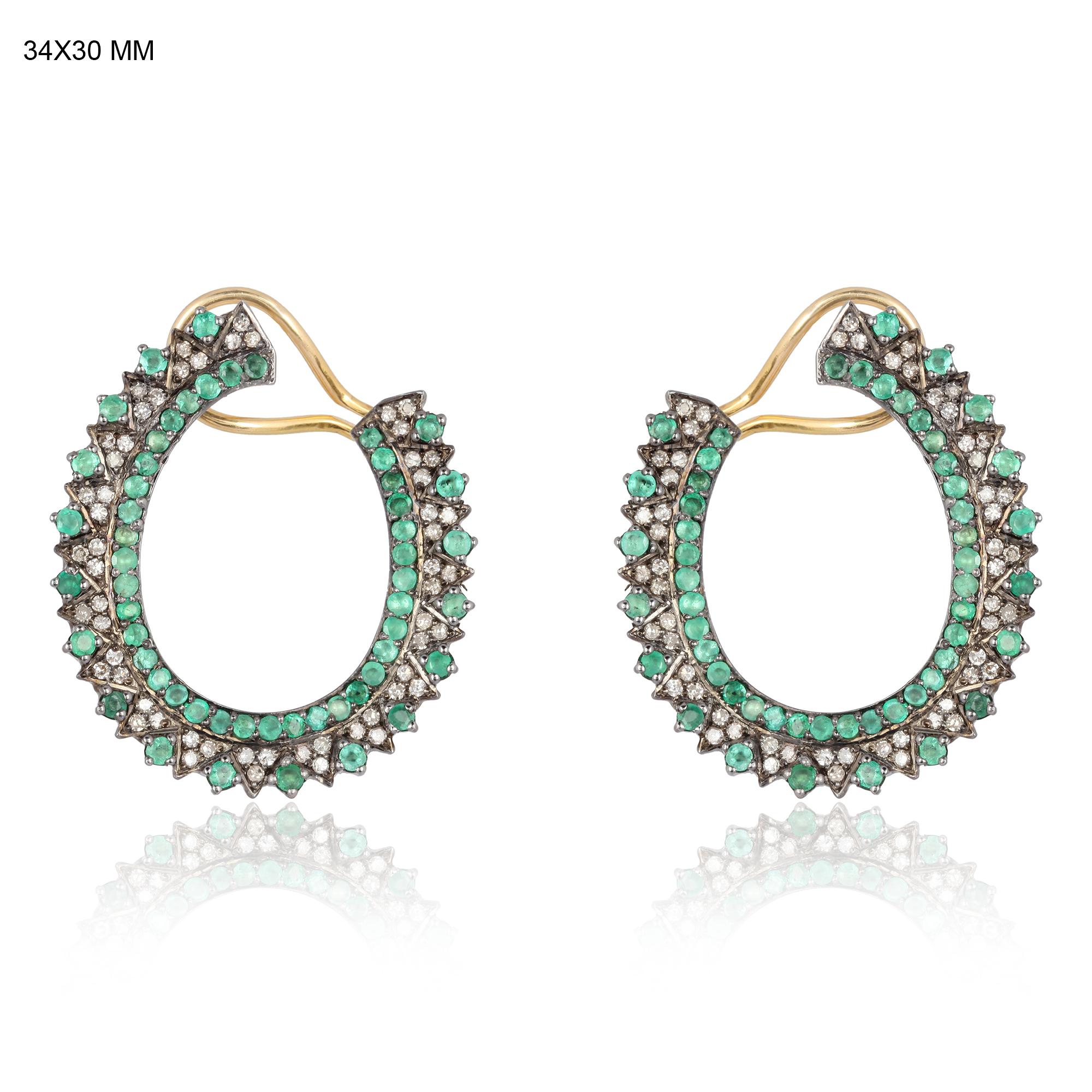 Artisan Emerald Hoop Diamond Earrings For Sale