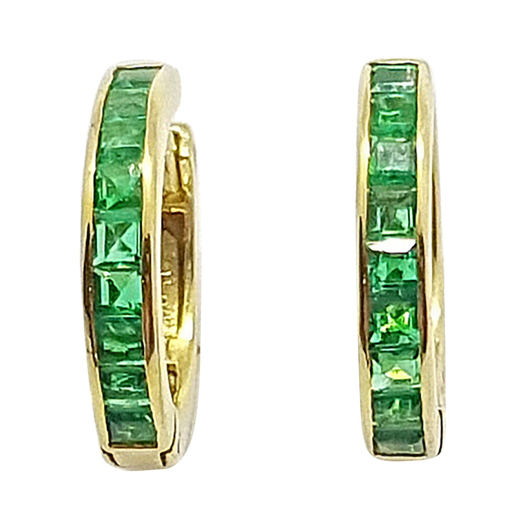 Emerald Huggies/Hoop Earrings Set in 18 Karat Gold Settings