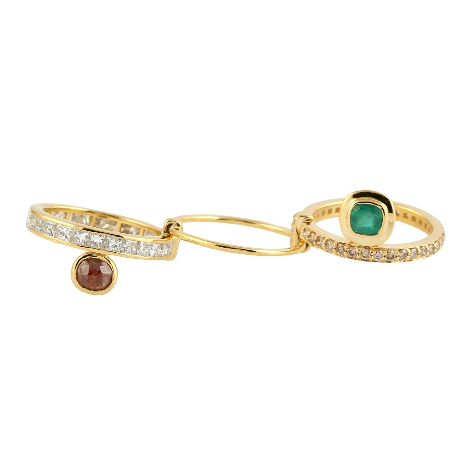 Taille mixte Bague reliée à une émeraude et un diamant glace en or jaune 14 carats en vente