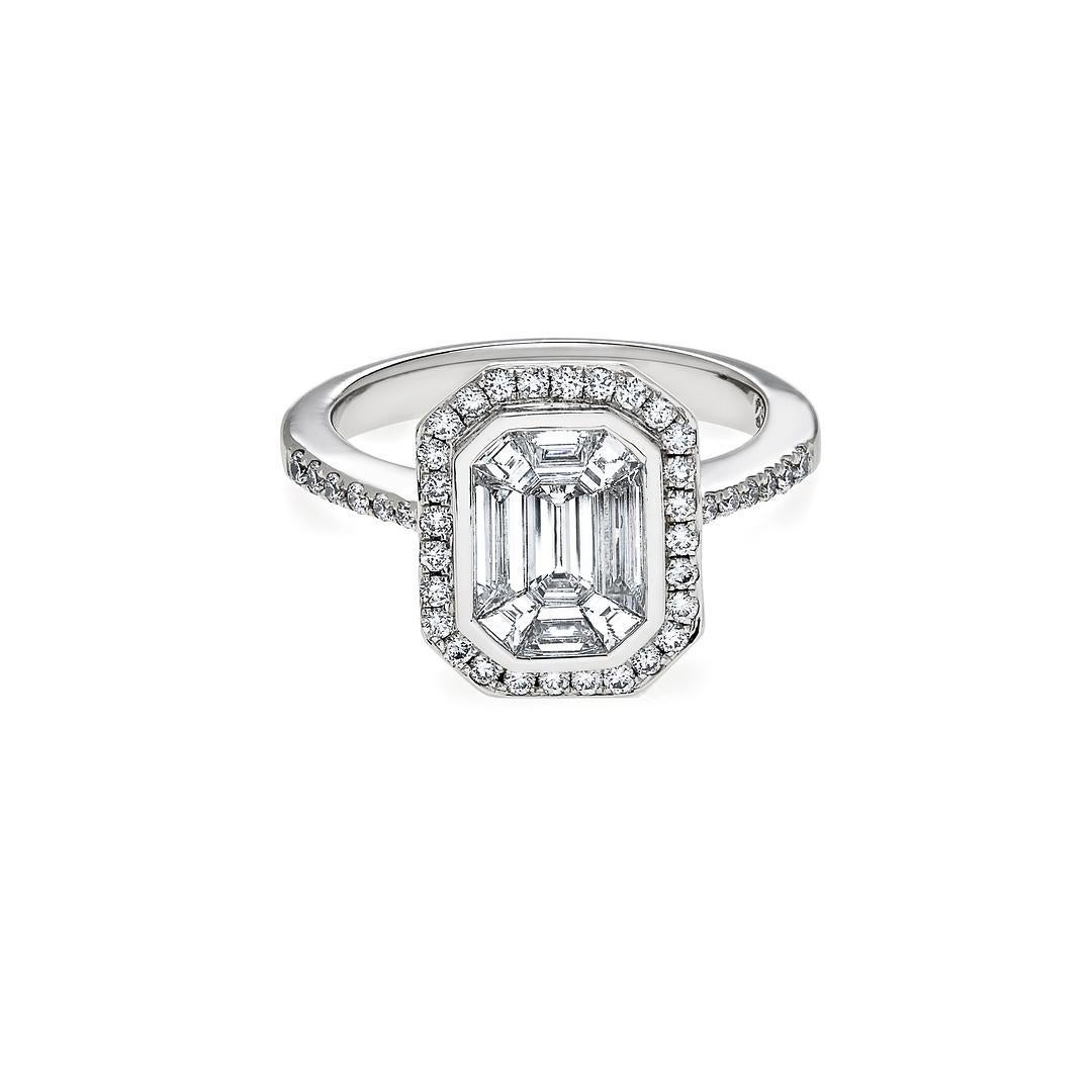 Baguette Cut  Emerald Illusion Diamond Halo White Gold Ring For Sale