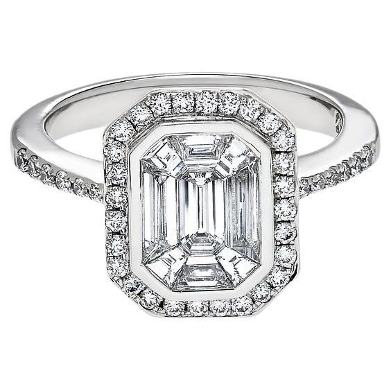 Emerald Illusion Diamond Halo White Gold Ring For Sale