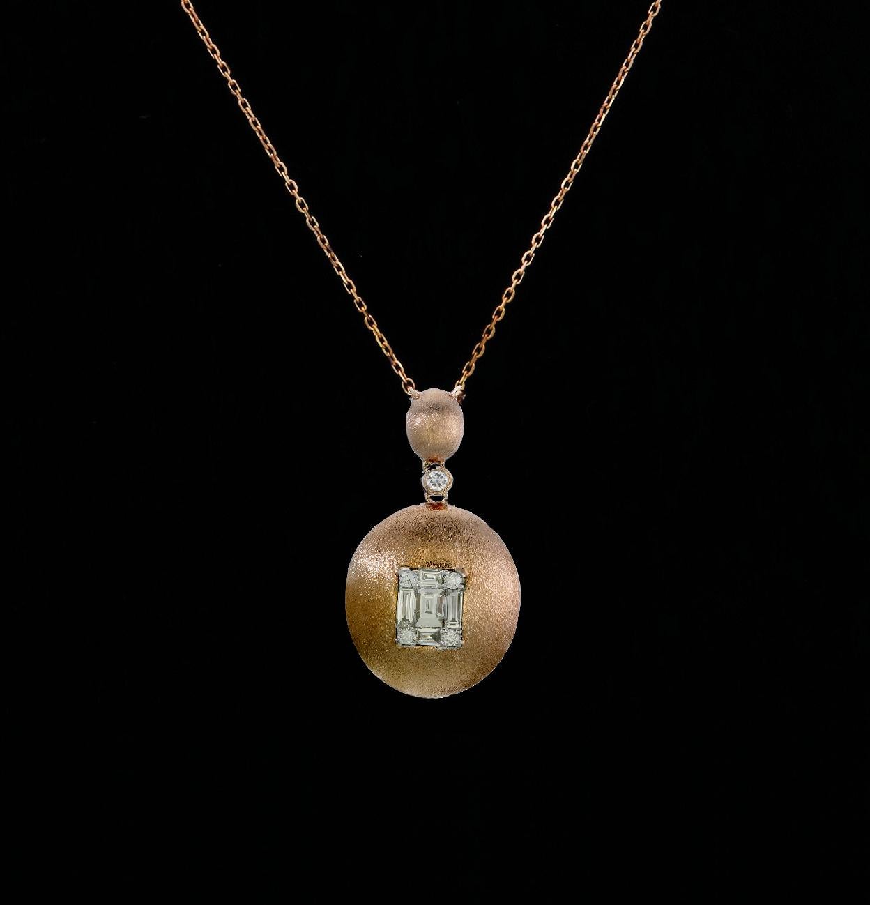 Baguette Cut Emerald Illusion Diamond Pendant Necklace 18 Karat Rose Gold For Sale