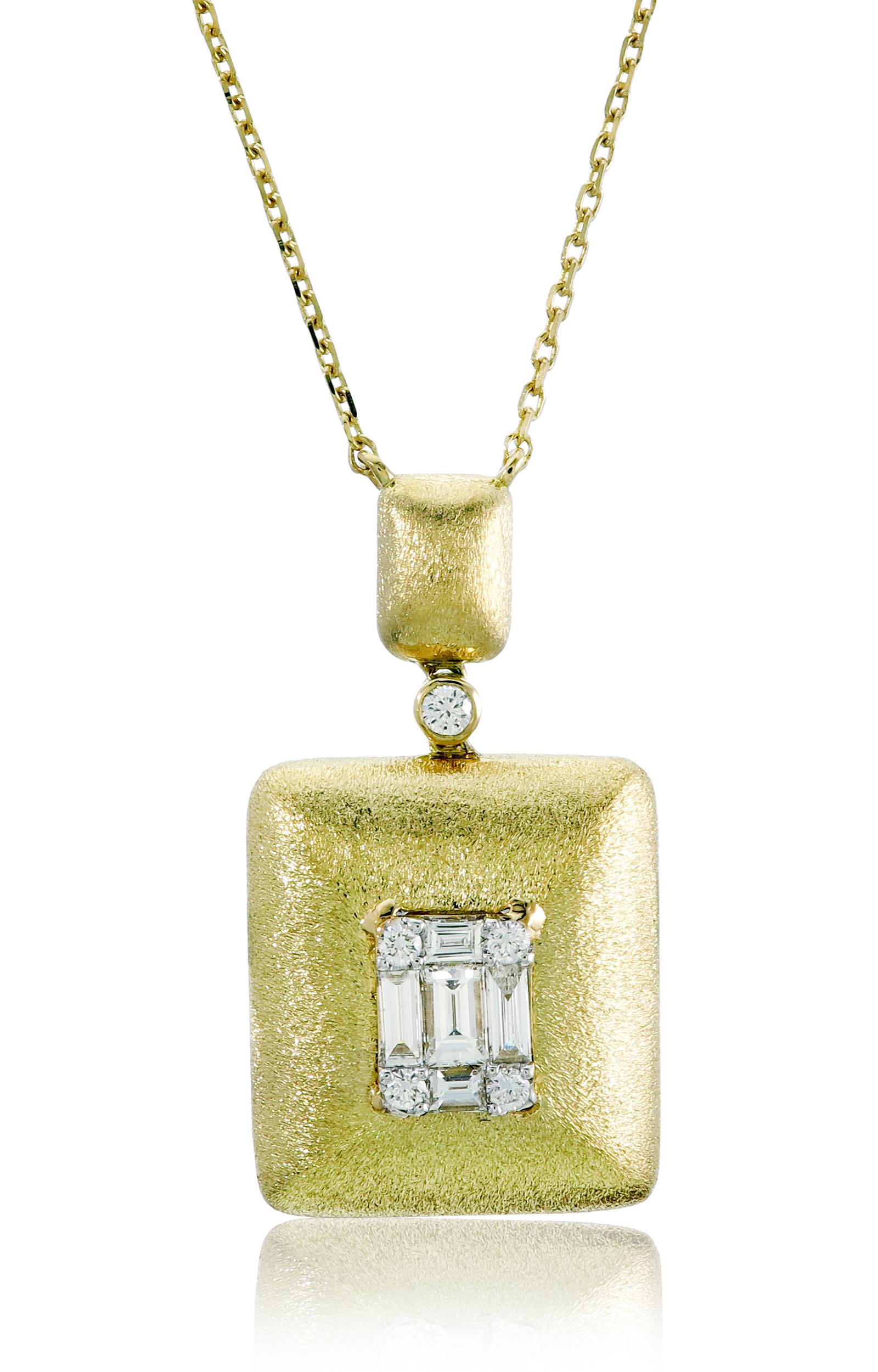 This 18K Yellow Gold cocktail Pendant Necklace features a luscious Emerald shape White Diamond appx. 1.25 cts Illusion. Each diamond hand-selected by our experts for its superior luster and surface quality. Combine with glamorous outfits for a