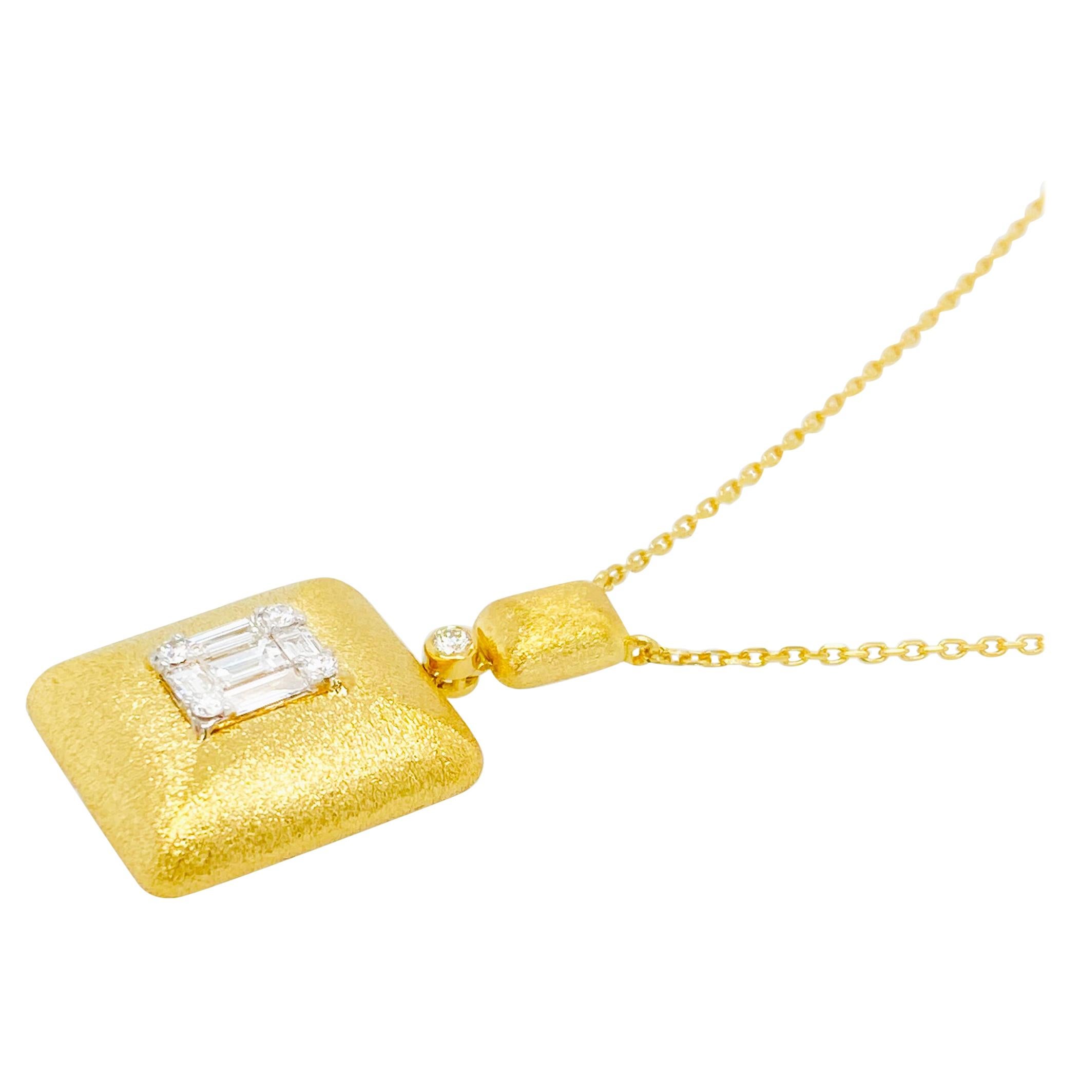 Emerald Illusion Diamond Pendant Necklace 18 Karat Yellow Gold For Sale