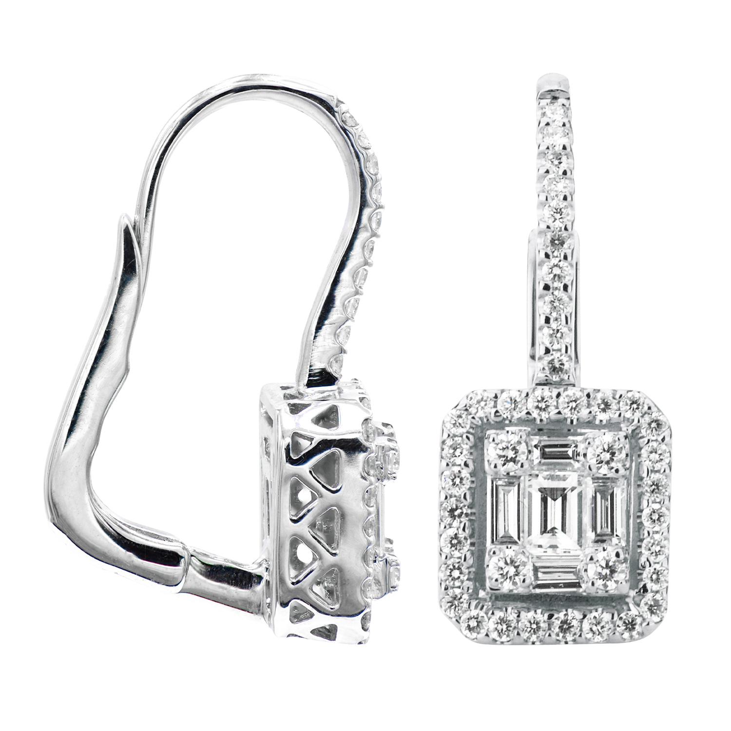 These beautiful emerald illusion diamond earrings are sure to be treasured forever. Each earring contains diamonds that are perfectly matched and assembled to create the look of an emerald cut diamond without a huge price. These earrings contain 76