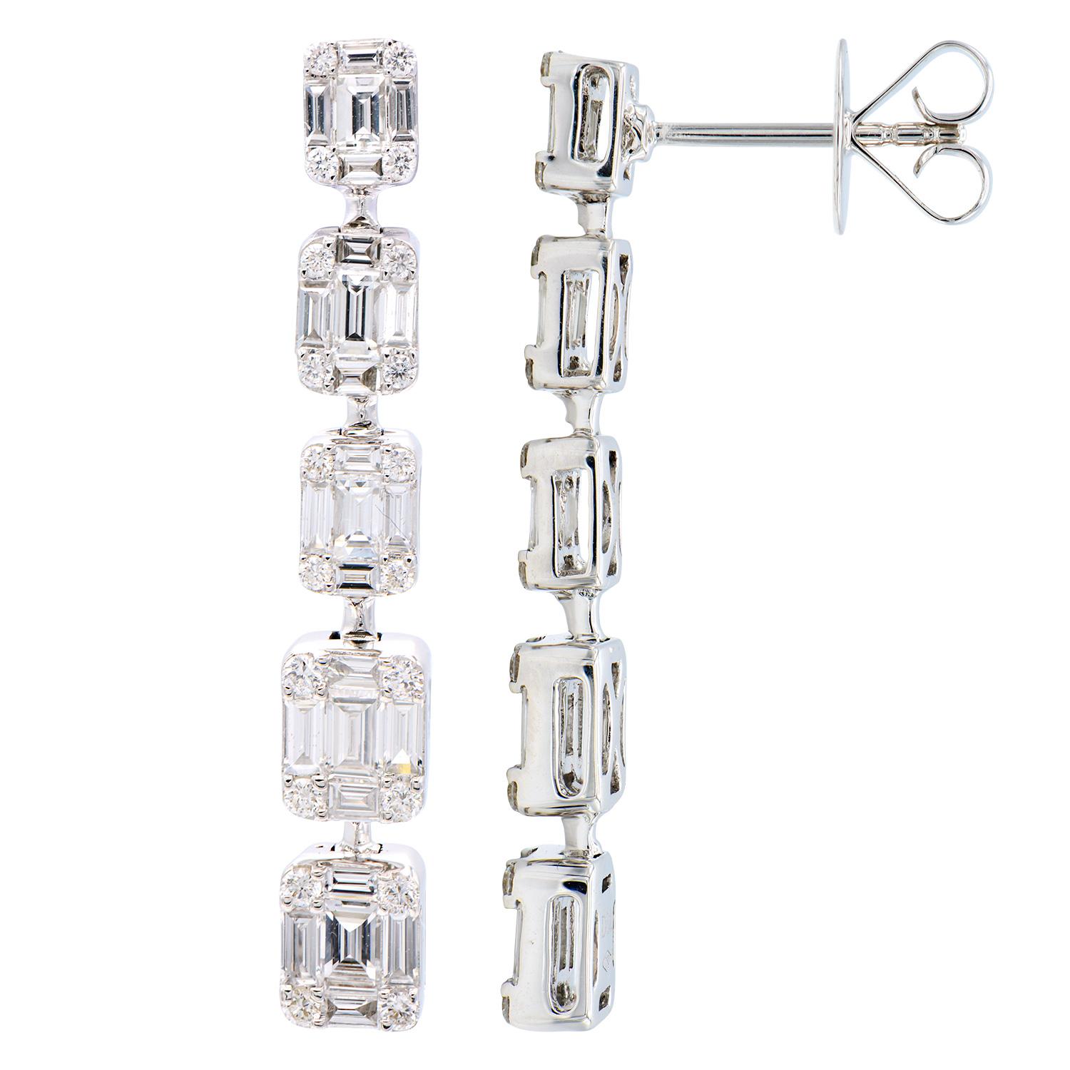 Emerald Illusions are the hottest look. An emerald illusion is made up of round and baguette shaped diamonds expertly assembled to appear like a large emerald cut diamond. These earrings stack five emerald illusions on top of each other to make a