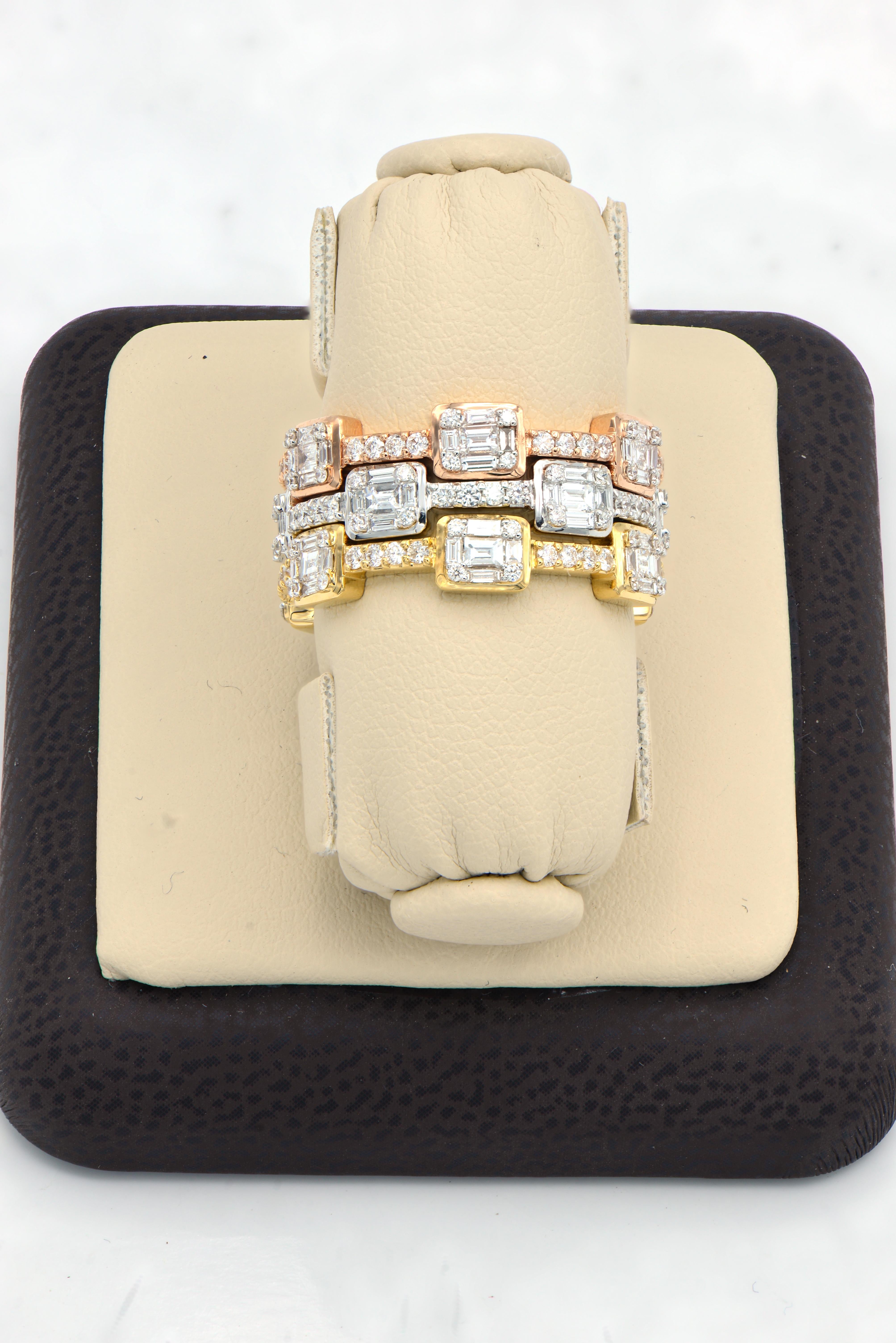 Contemporary Emerald Illusion White, Yellow, and Rose Gold Stacking Rings For Sale