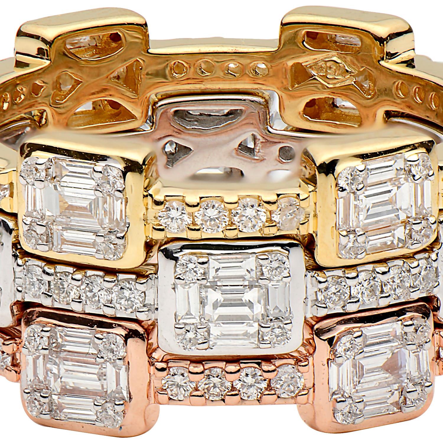 Baguette Cut Emerald Illusion White, Yellow, and Rose Gold Stacking Rings For Sale