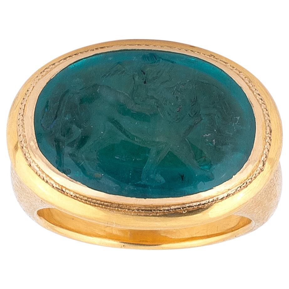 Emerald Intaglio Ring Late 18th Century with Lion & Eros