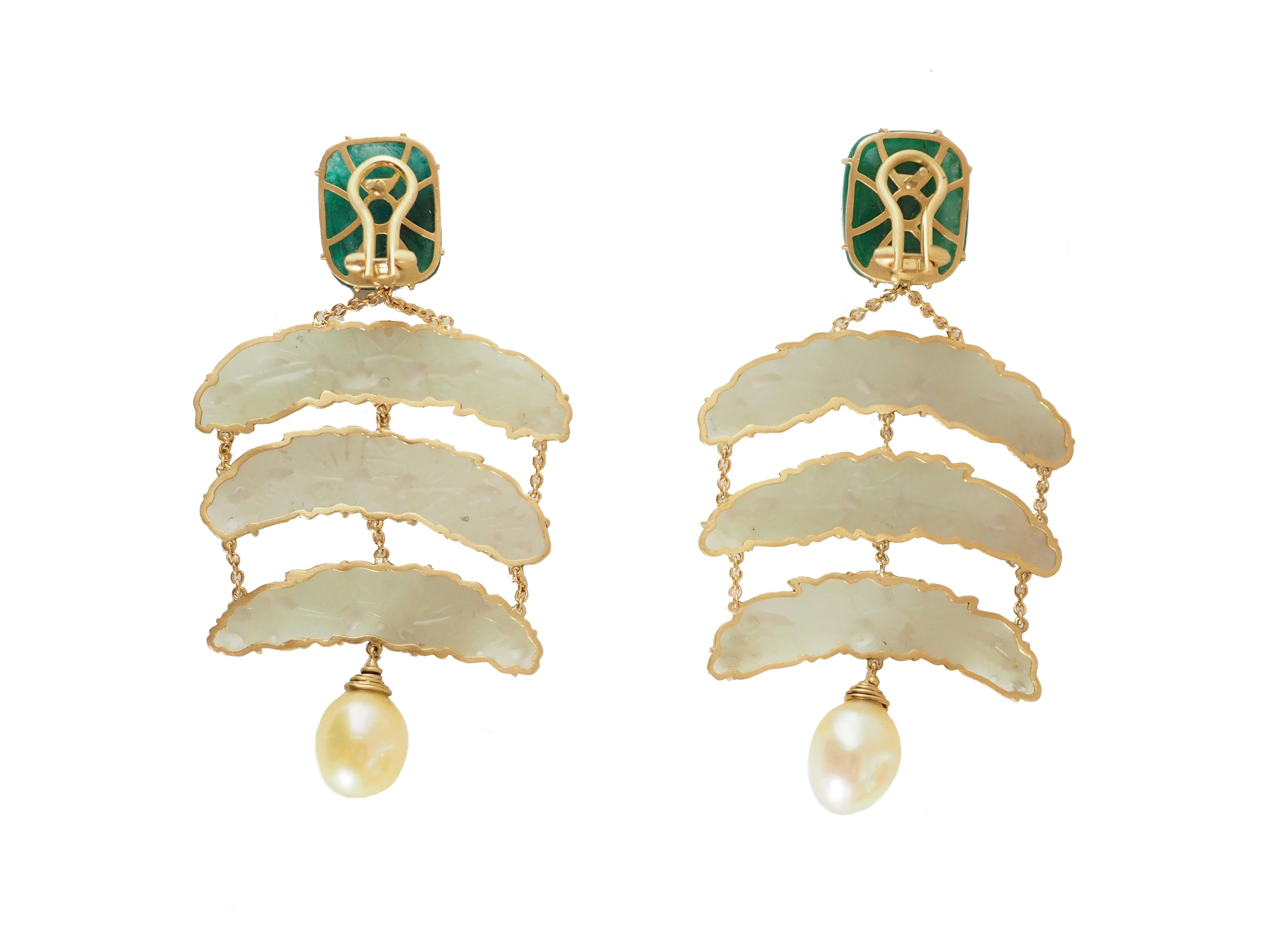 Artisan Emerald Jade Gold Natural Pearls Earrings For Sale