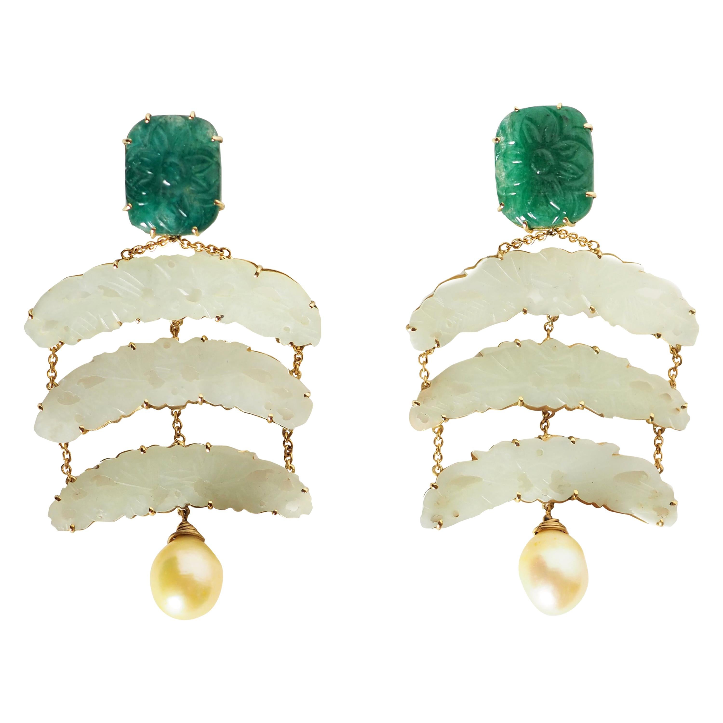 Emerald Jade Gold Natural Pearls Earrings