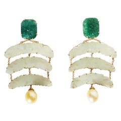 Vintage Emerald Jade Gold Natural Pearls Earrings