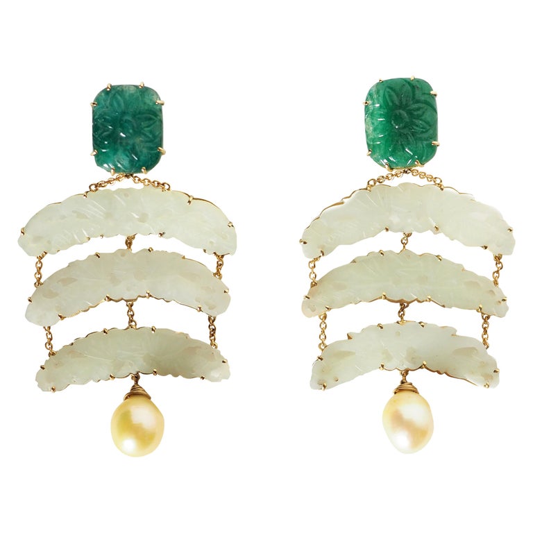 Emerald Jade Gold Natural Pearls Earrings For Sale