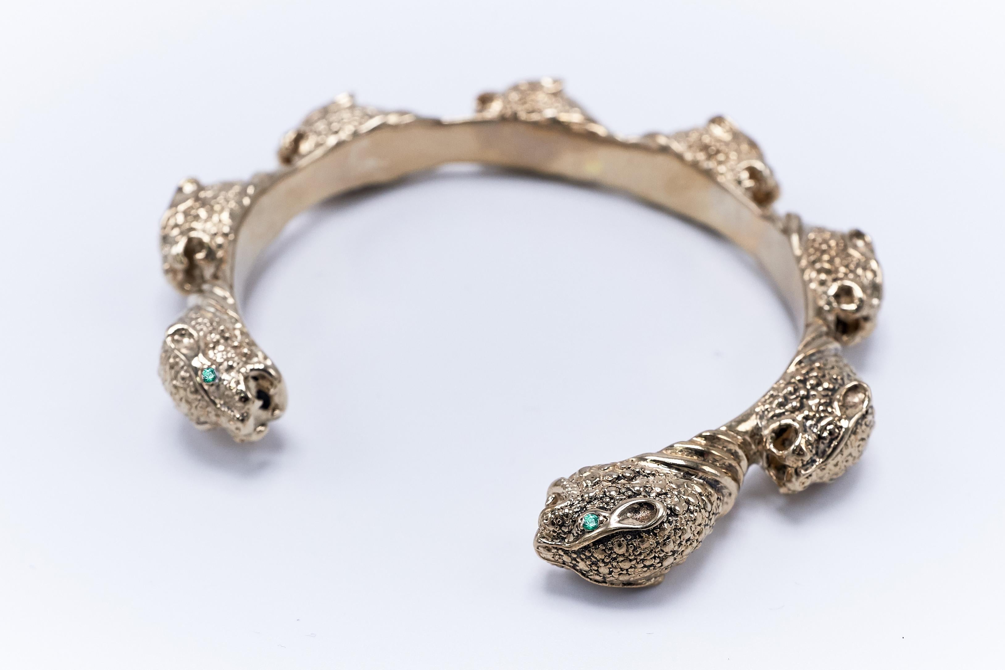 Round Cut Emerald Jaguar Arm Cuff Bracelet Statement Bronze Animal Jewelry J Dauphin For Sale