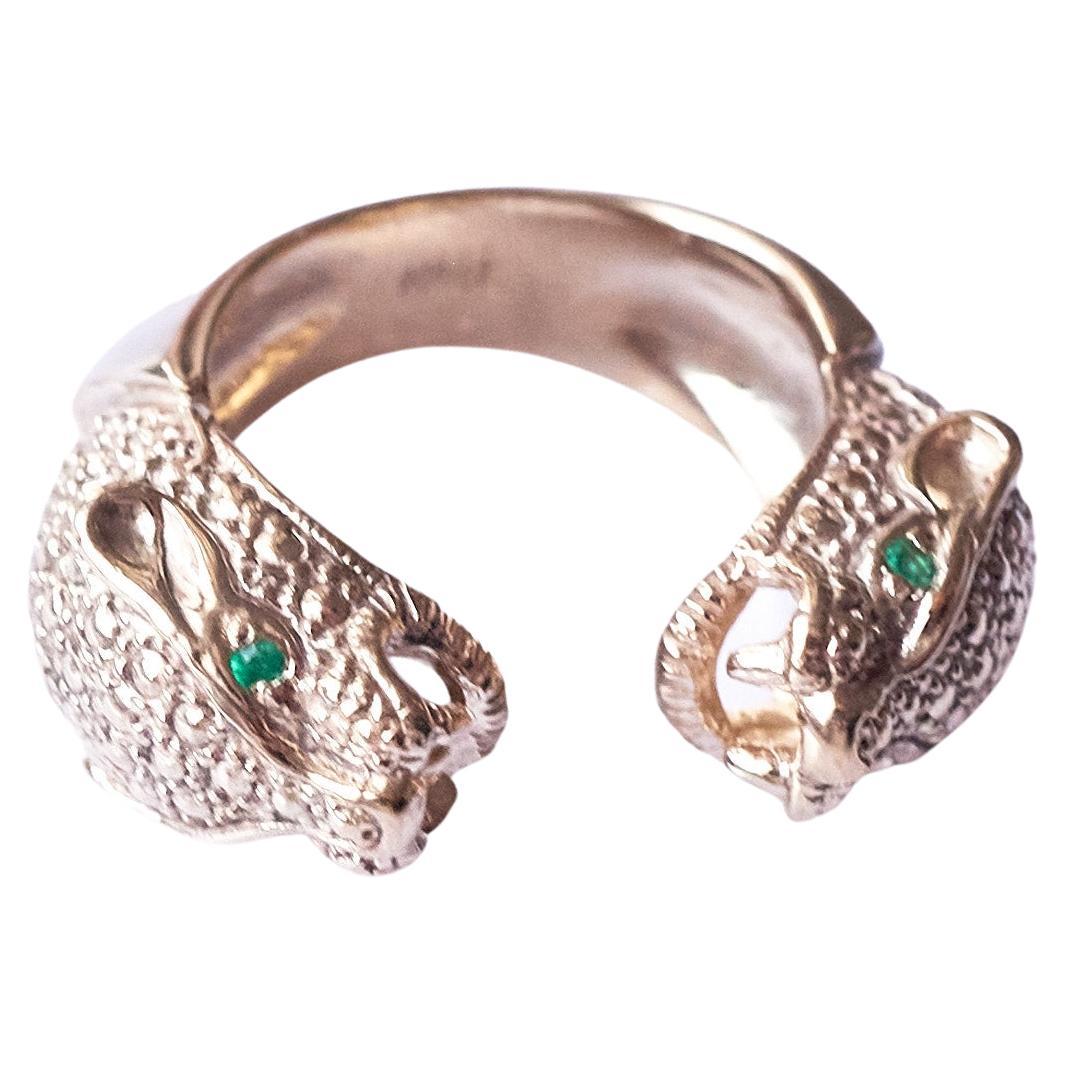 Brilliant Cut Emerald Jaguar Panther Ring Cocktail Animal Jewelry Bronze J Dauphin For Sale