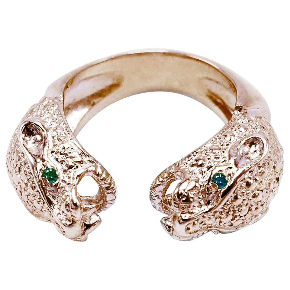 Women's Emerald Jaguar Panther Ring Cocktail Animal Jewelry Bronze J Dauphin For Sale