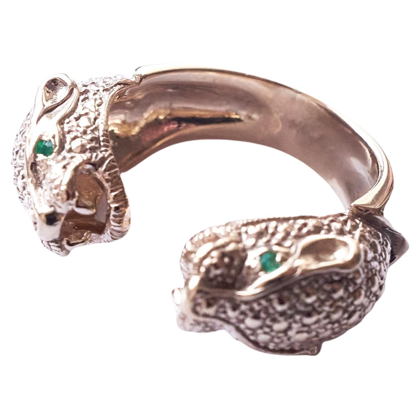 Early Victorian Emerald Jaguar Ring Animal Jewelry Cocktail Ring Bronze J Dauphin For Sale