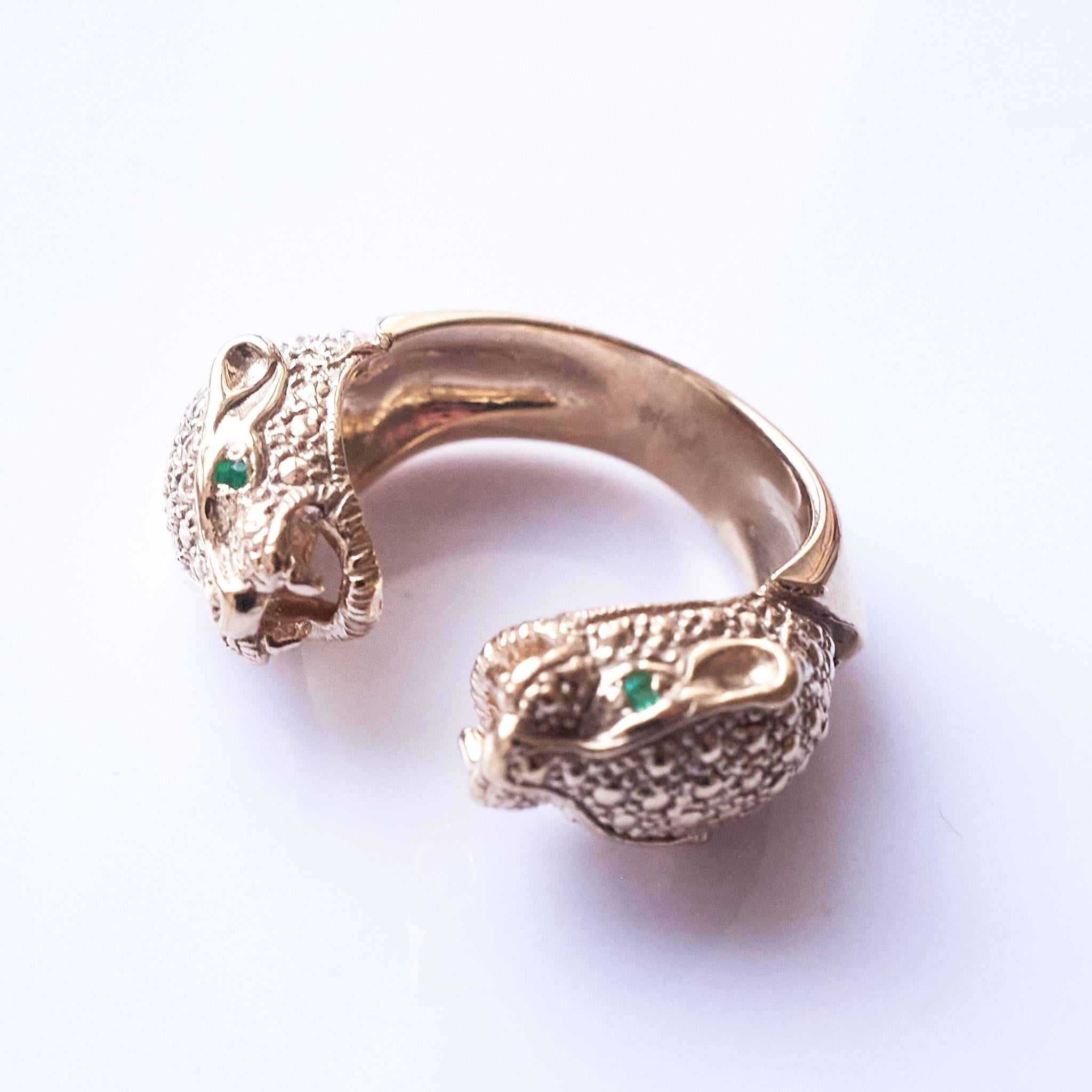 Emerald Jaguar Ring Animal Jewelry Cocktail Ring Bronze J Dauphin In New Condition For Sale In Los Angeles, CA