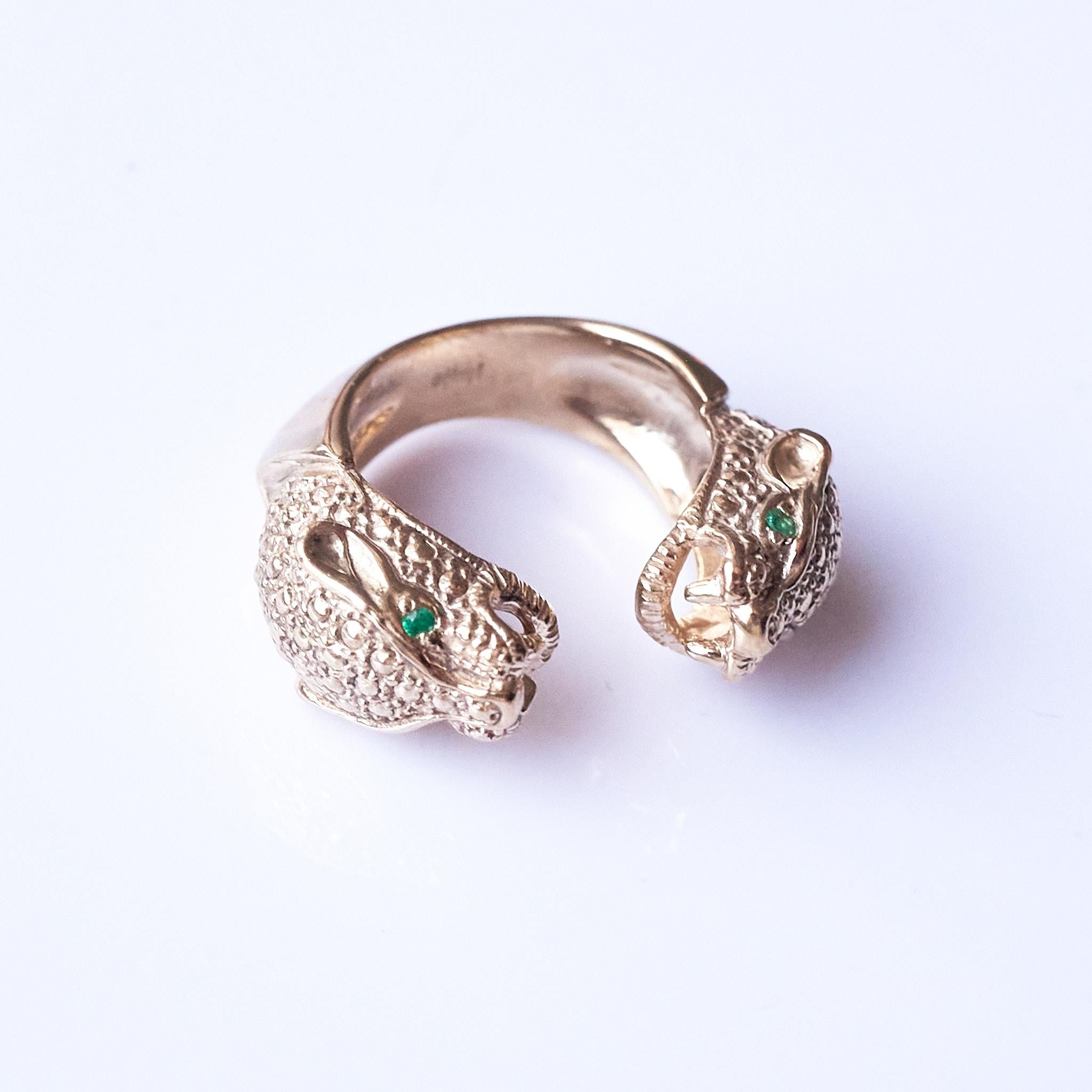 Women's Emerald Jaguar Ring Animal Jewelry Cocktail Ring Bronze J Dauphin For Sale