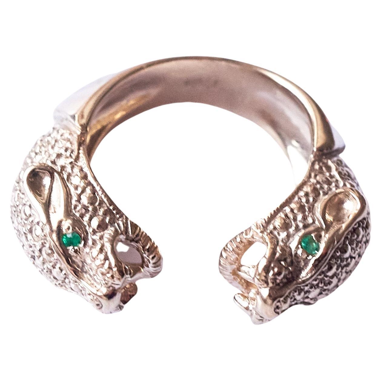 Emerald Jaguar Ring Animal Jewelry Cocktail Ring Bronze J Dauphin For Sale