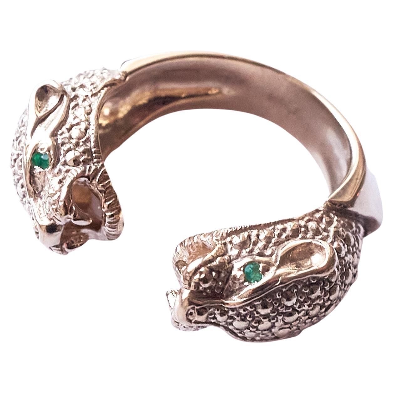 Early Victorian Emerald Jaguar Ring Bronze Animal Jewelry Cocktail Ring J Dauphin For Sale