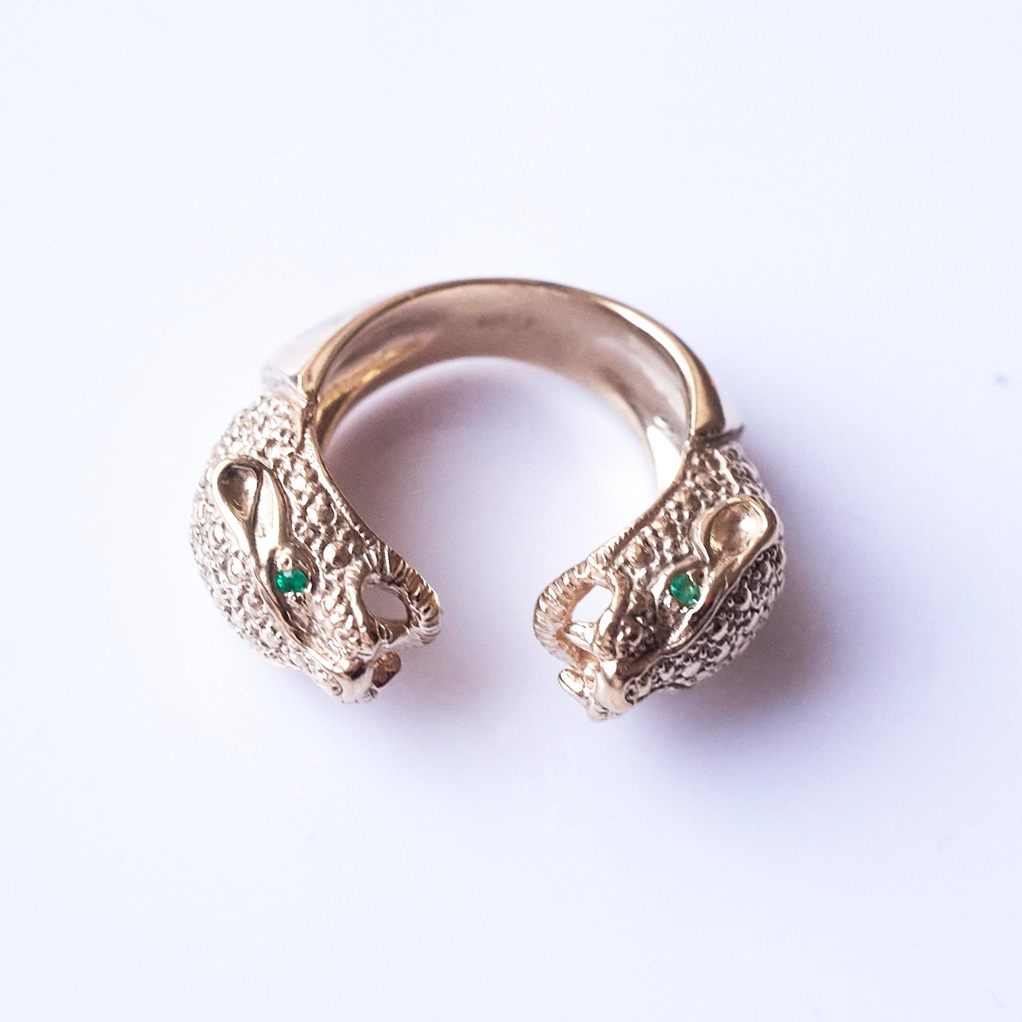 Early Victorian Emerald Jaguar Ring Bronze Animal Jewelry Cocktail Ring J Dauphin For Sale