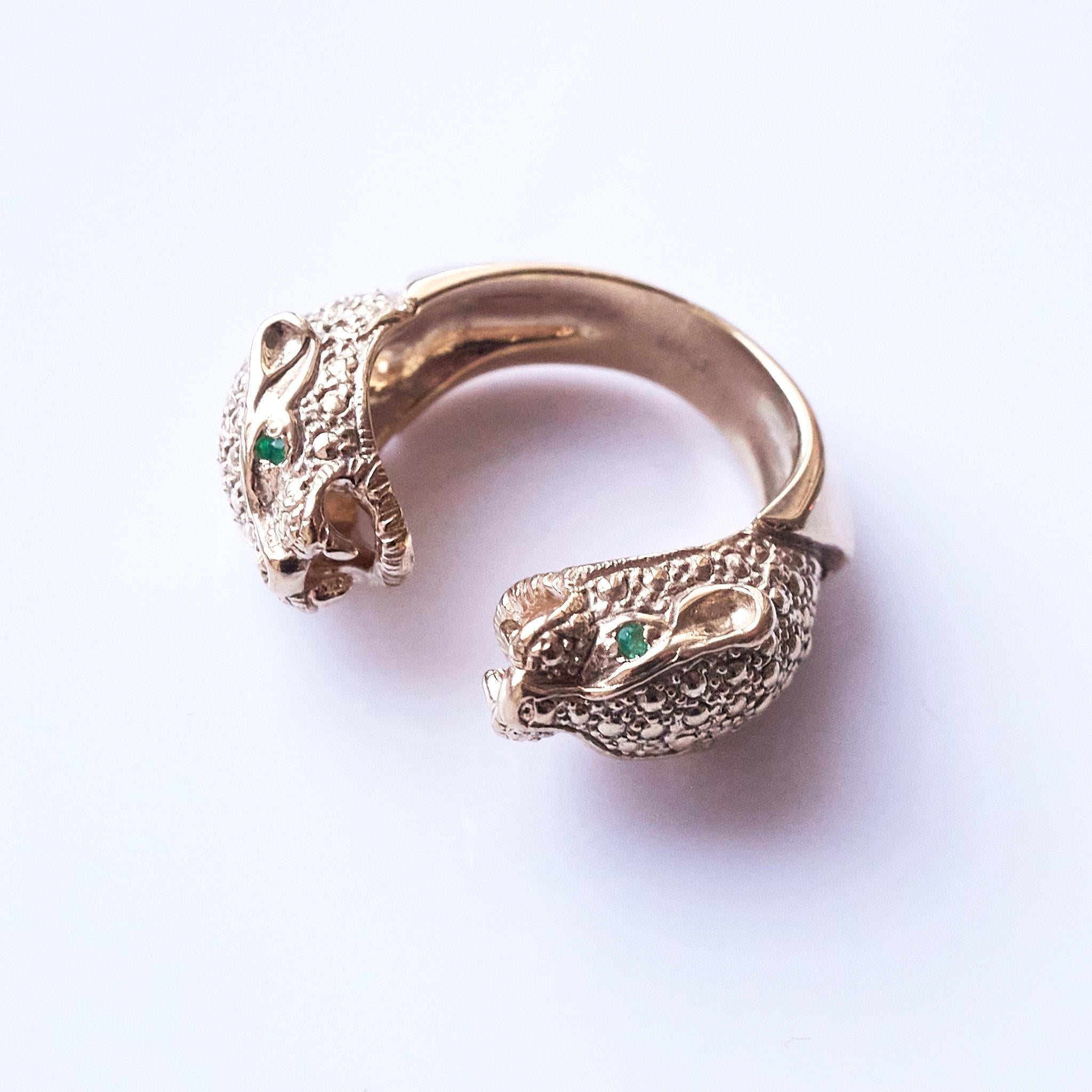 Brilliant Cut Emerald Jaguar Ring Bronze Animal Jewelry Cocktail Ring J Dauphin For Sale
