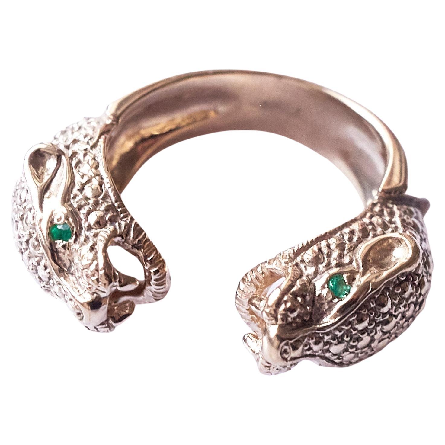Emerald Jaguar Ring Bronze Animal Jewelry Cocktail Ring J Dauphin For Sale