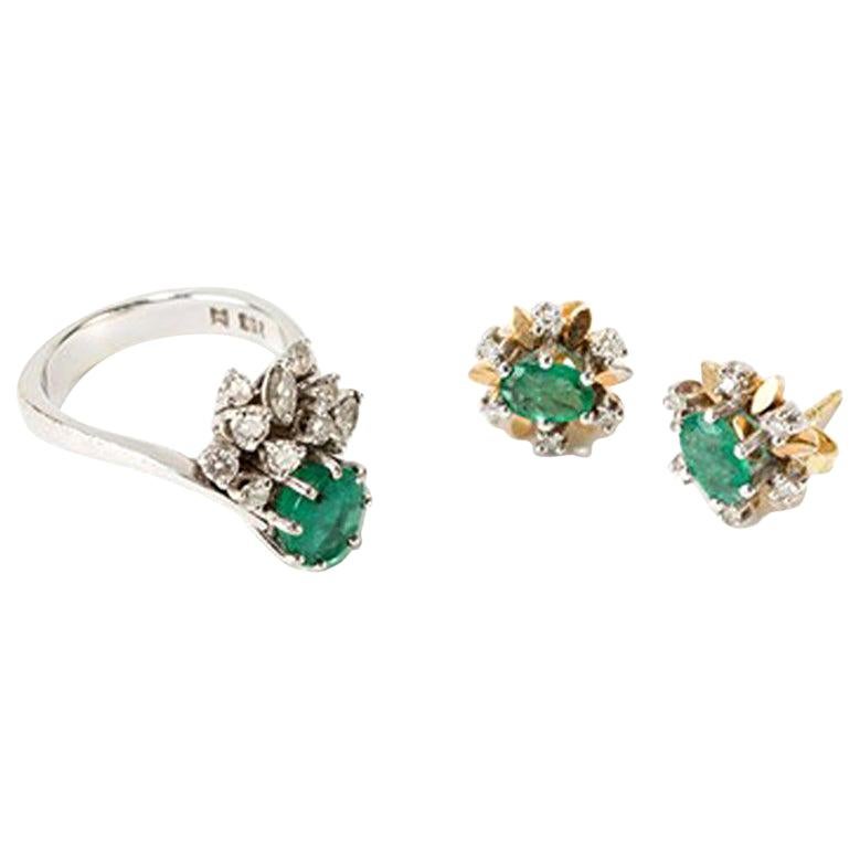 Emerald Jewelry Set with Diamonds, 18 Carat White Gold, 20th Century