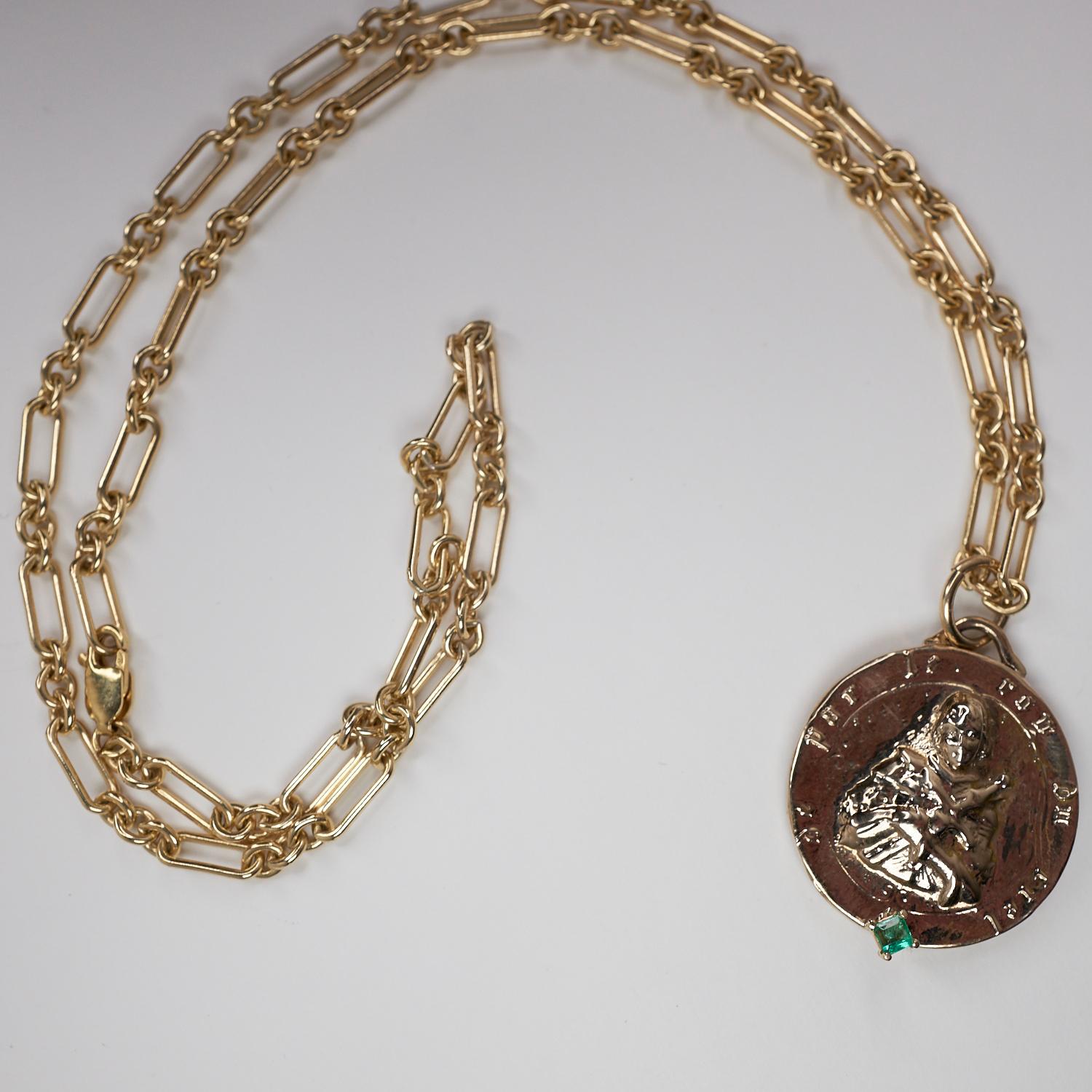 Victorian Emerald Joan of Arc Chain Necklace Medal Pendant Gold Vermeil J Dauphin For Sale