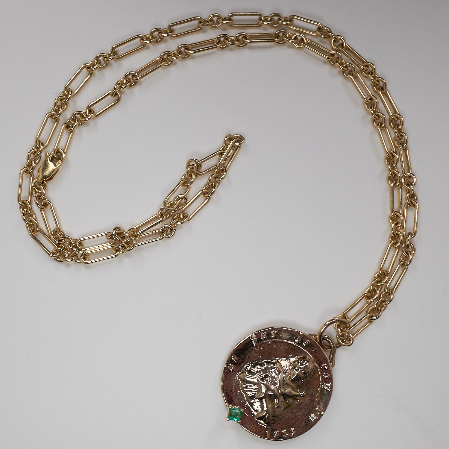 Women's Emerald Joan of Arc Chain Necklace Medal Pendant Gold Vermeil J Dauphin For Sale