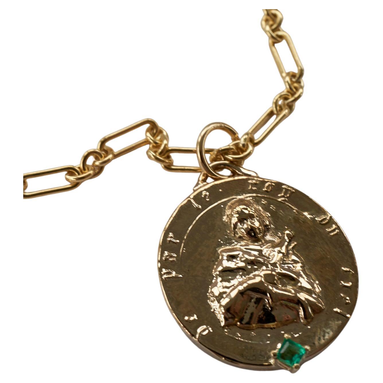 Emerald Joan of Arc Chain Necklace Medal Pendant Gold Vermeil J Dauphin For Sale