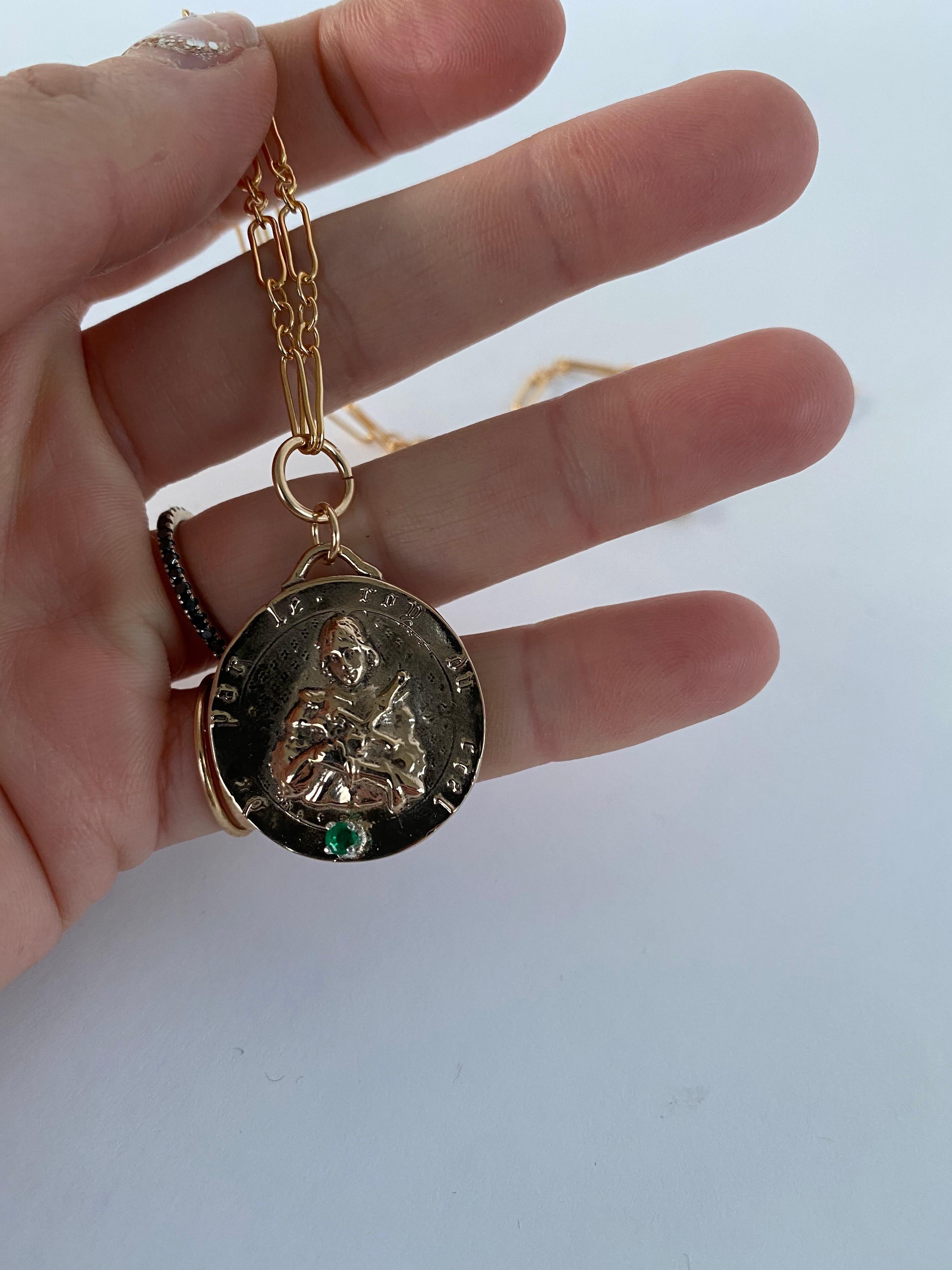 Contemporary Emerald Medal Joan of Arc Chain Necklace Coin Pendant J Dauphin For Sale