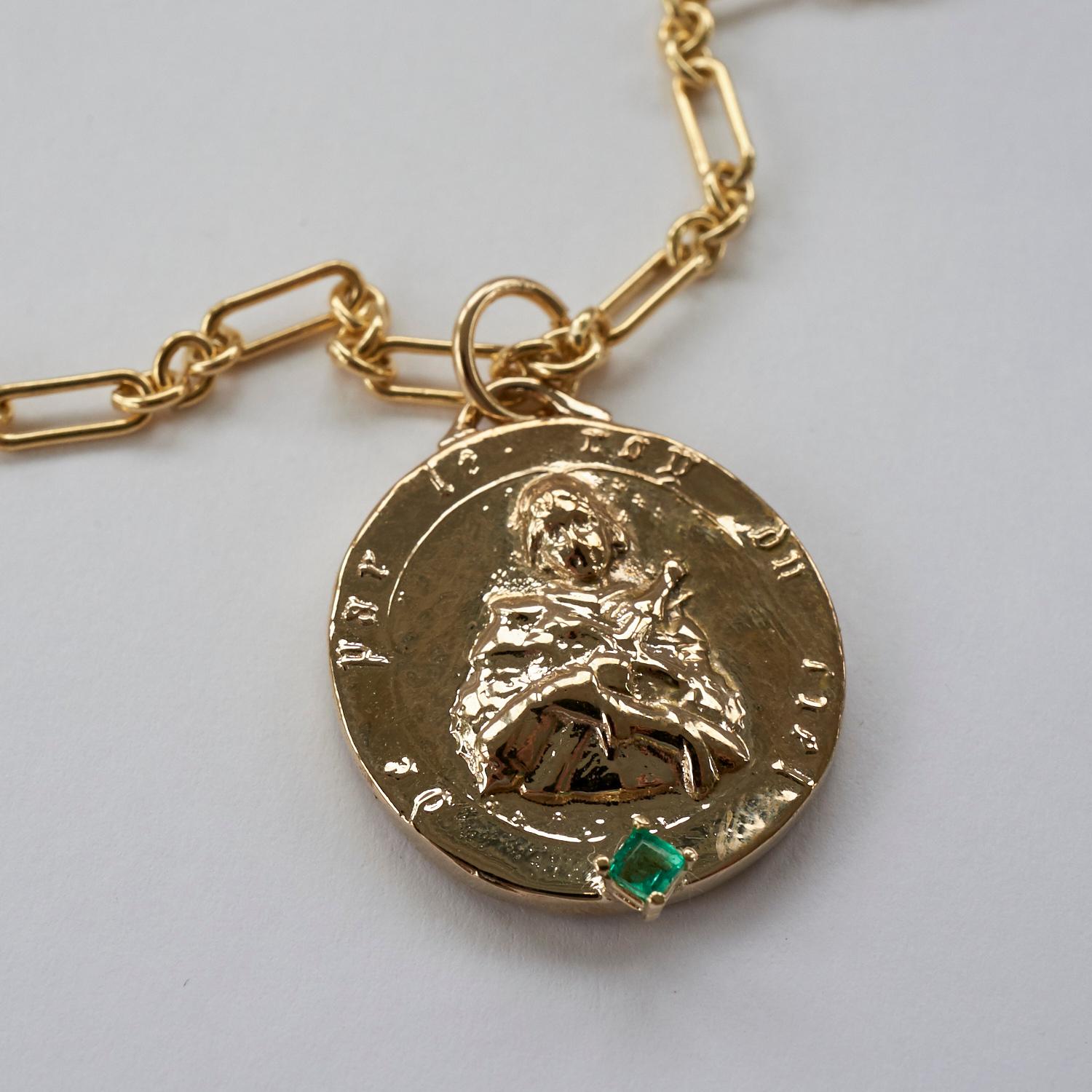 Women's Emerald Medal Long Chunky Chain Necklace Saint Joan of Arc J Dauphin
