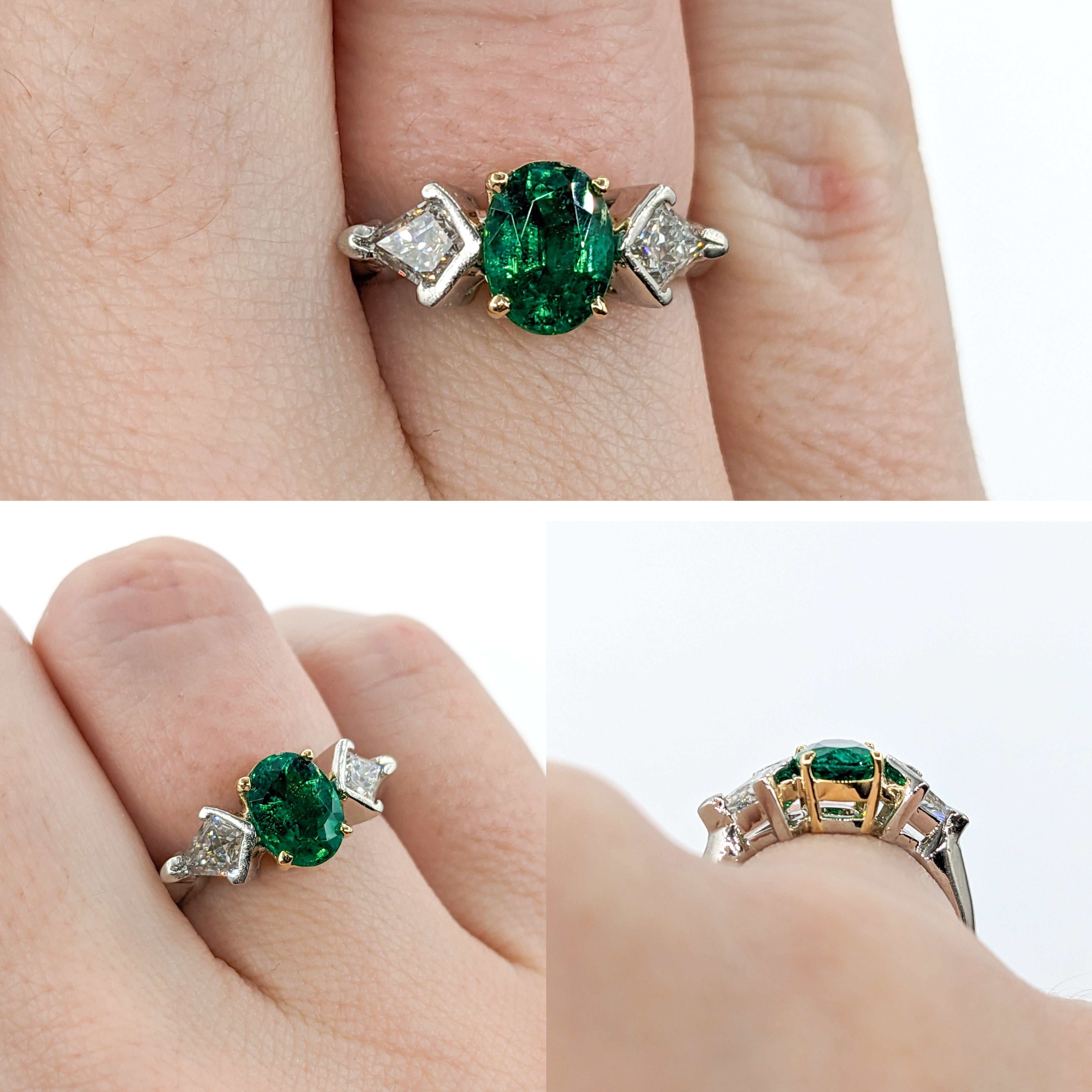 Emerald & Kite Shape Diamond Ring In Platinum

Presenting a remarkable Two Tone Ring, elegantly fashioned in a blend of 18kt yellow gold and platinum. It's adorned with .47ctw kite-shaped diamonds that shimmer with SI clarity and a near white