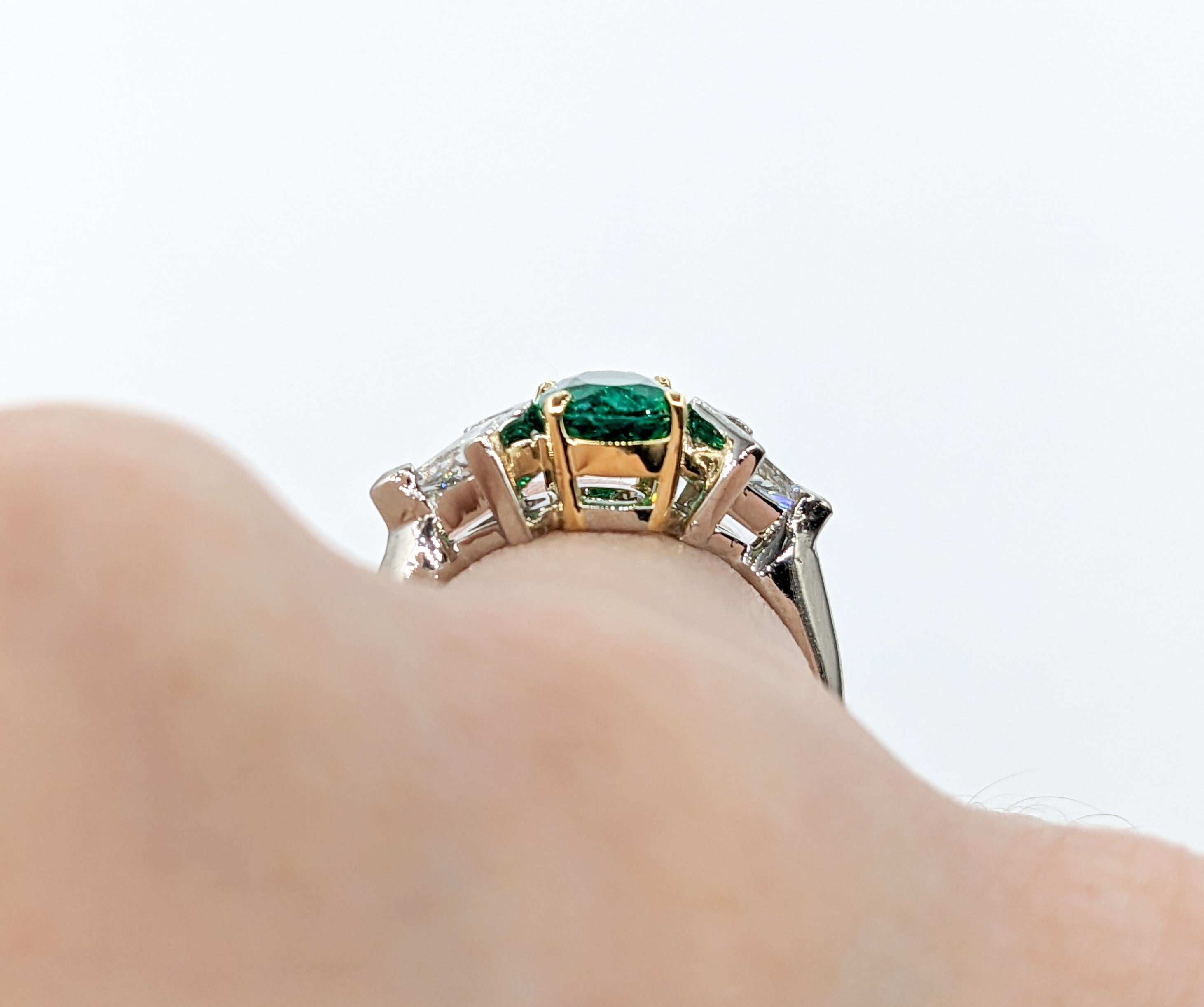Oval Cut Emerald & Kite Shape Diamond Ring In Platinum For Sale