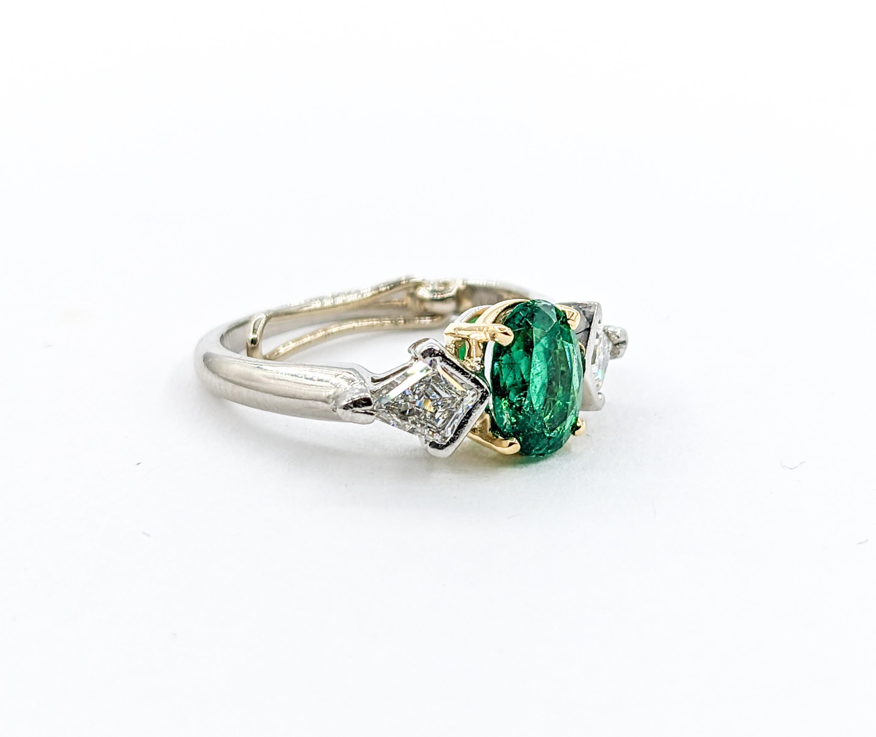 Emerald & Kite Shape Diamond Ring In Platinum For Sale 1