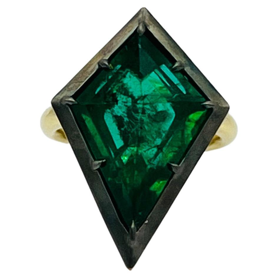 Emerald Kite Shape Solitaire Cocktail Ring in 18K Yellow Gold & Black Rhodium 