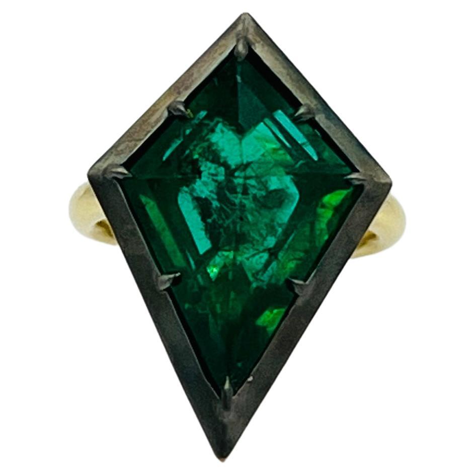 Emerald Kite Shape Solitaire Cocktail Ring in 18K Yellow Gold & Black Rhodium For Sale