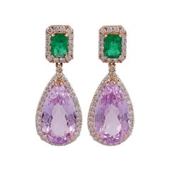 Emerald, Kunzite and Diamond Earrings, Set in 18 Karat Yellow Gold