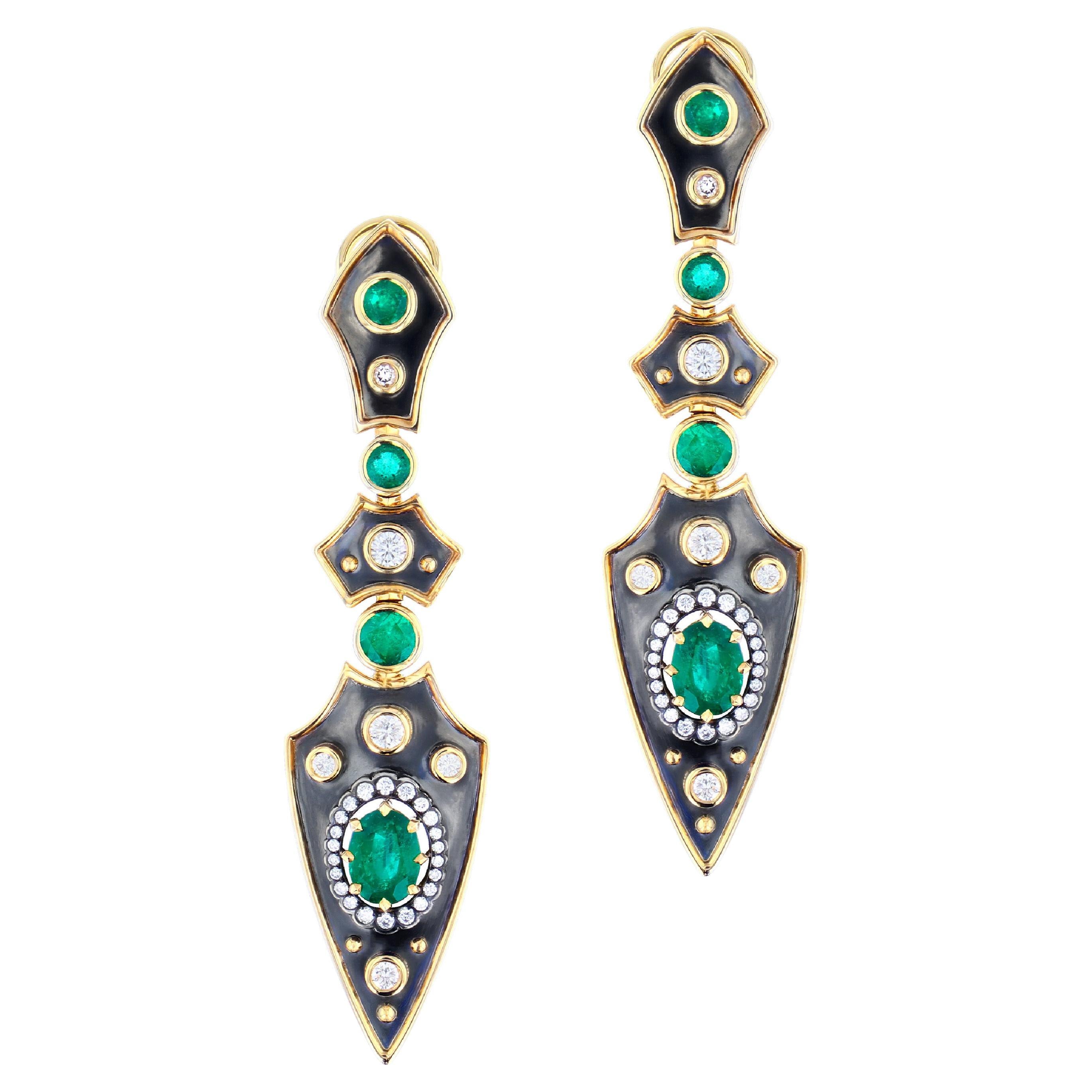 Emerald Lance Earrings in 18k Yellow Gold & Distressed Silver by Elie Top For Sale