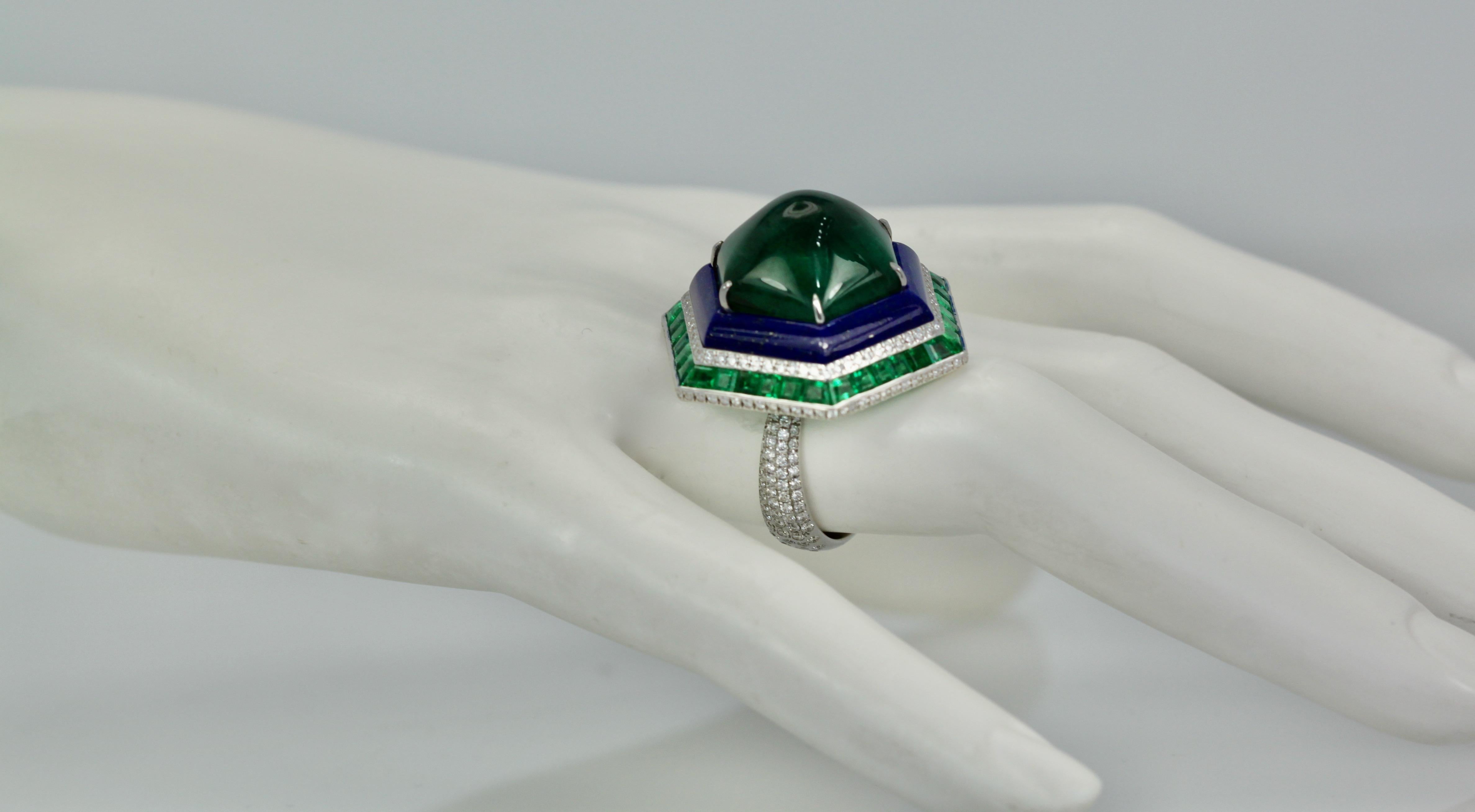 Sugarloaf Cabochon Sugarloaf Bullet Emerald of 29 Carats and Lapis Diamond Ring 18K For Sale