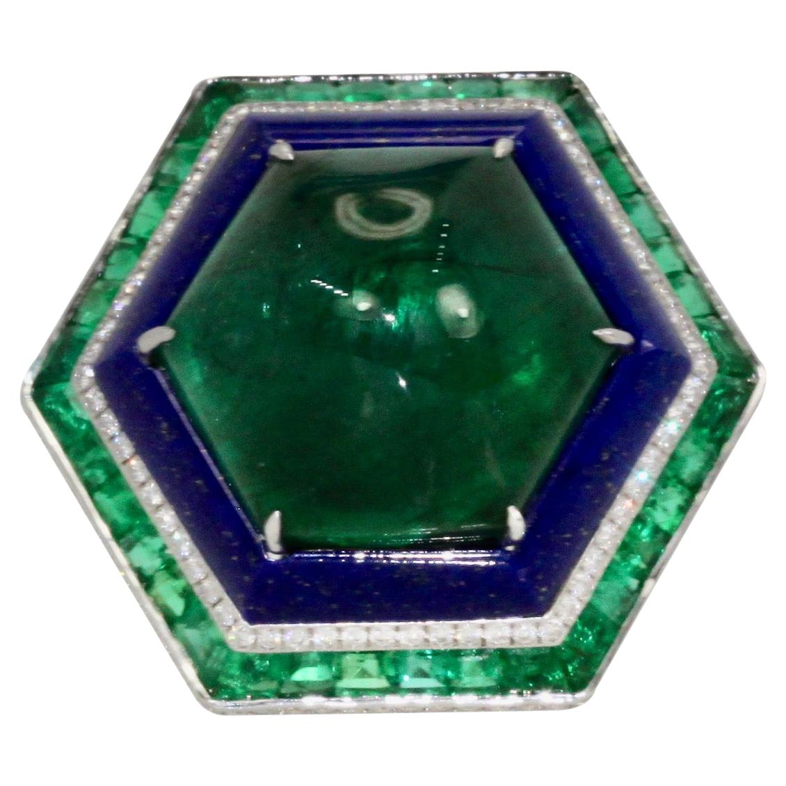 Anello Sugarloaf Bullet Emerald di 29 carati e Lapis Diamond 18K in vendita