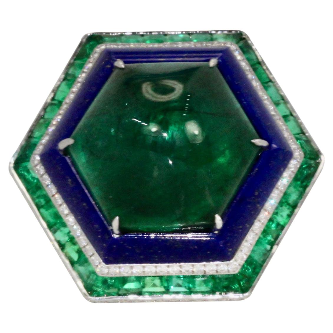 Sugarloaf Bullet Emerald of 29 Carats and Lapis Diamond Ring 18K