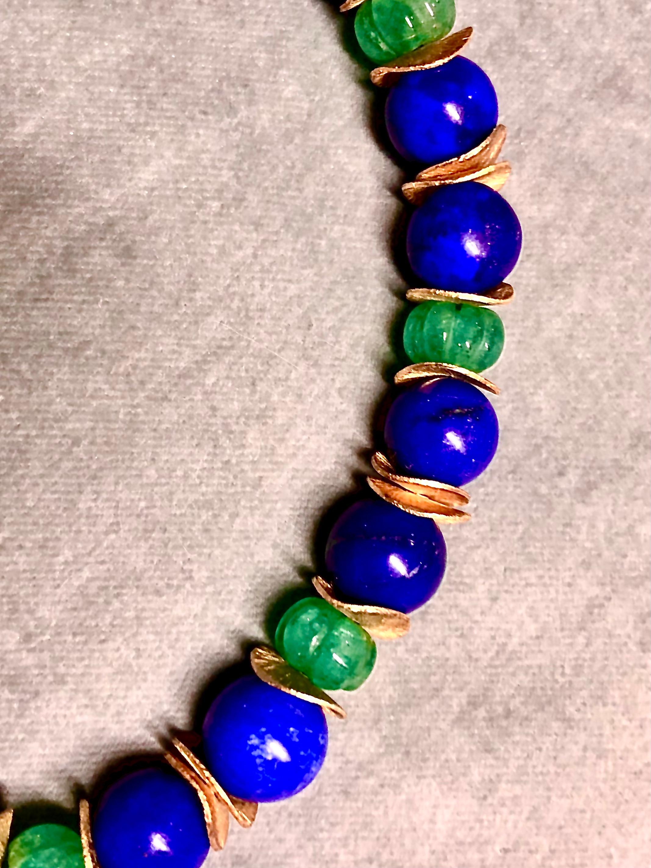 Bead Emerald, lapis lazuli and vermeil necklace For Sale