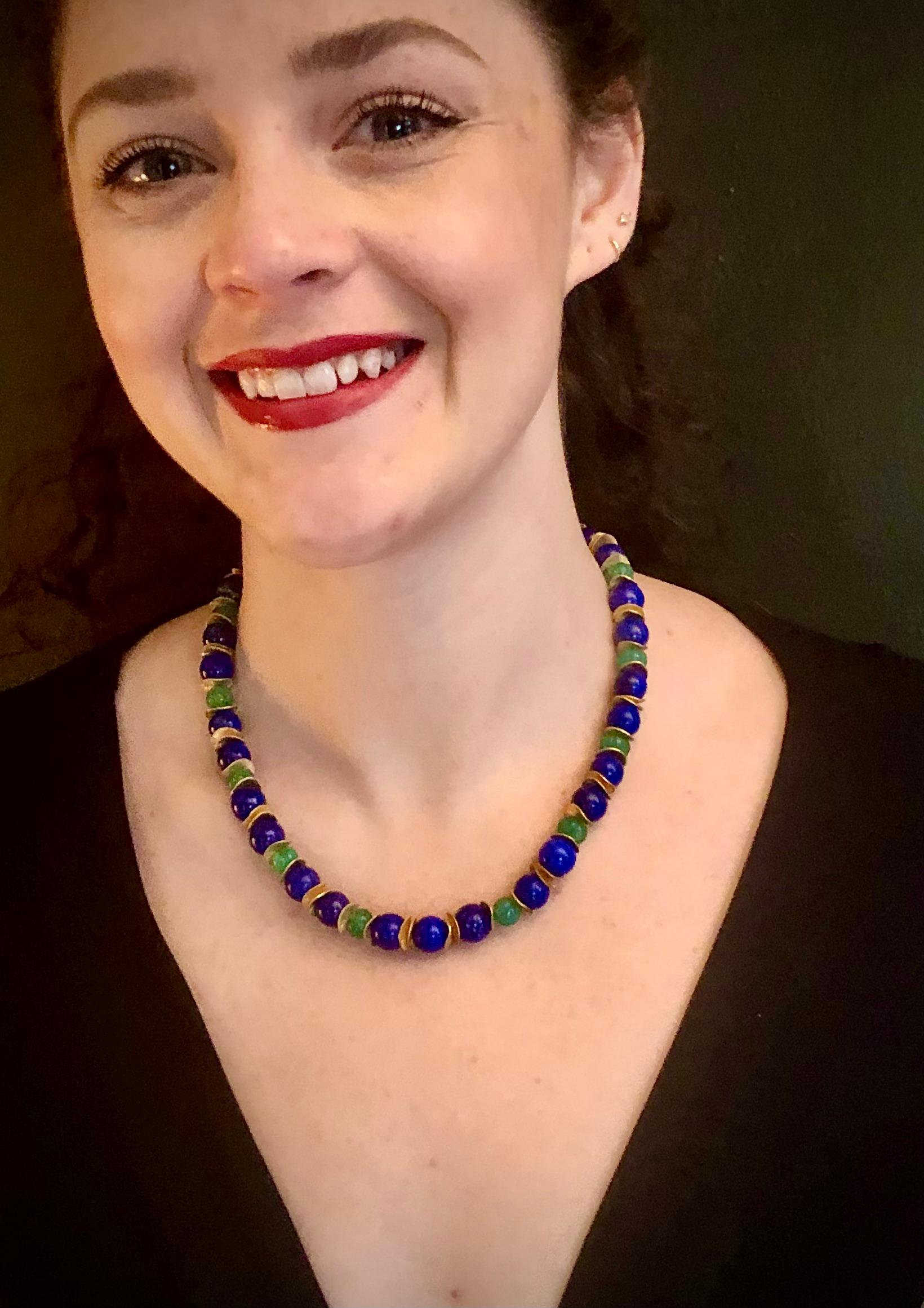 Egyptian Revival Emerald, lapis lazuli and vermeil necklace For Sale
