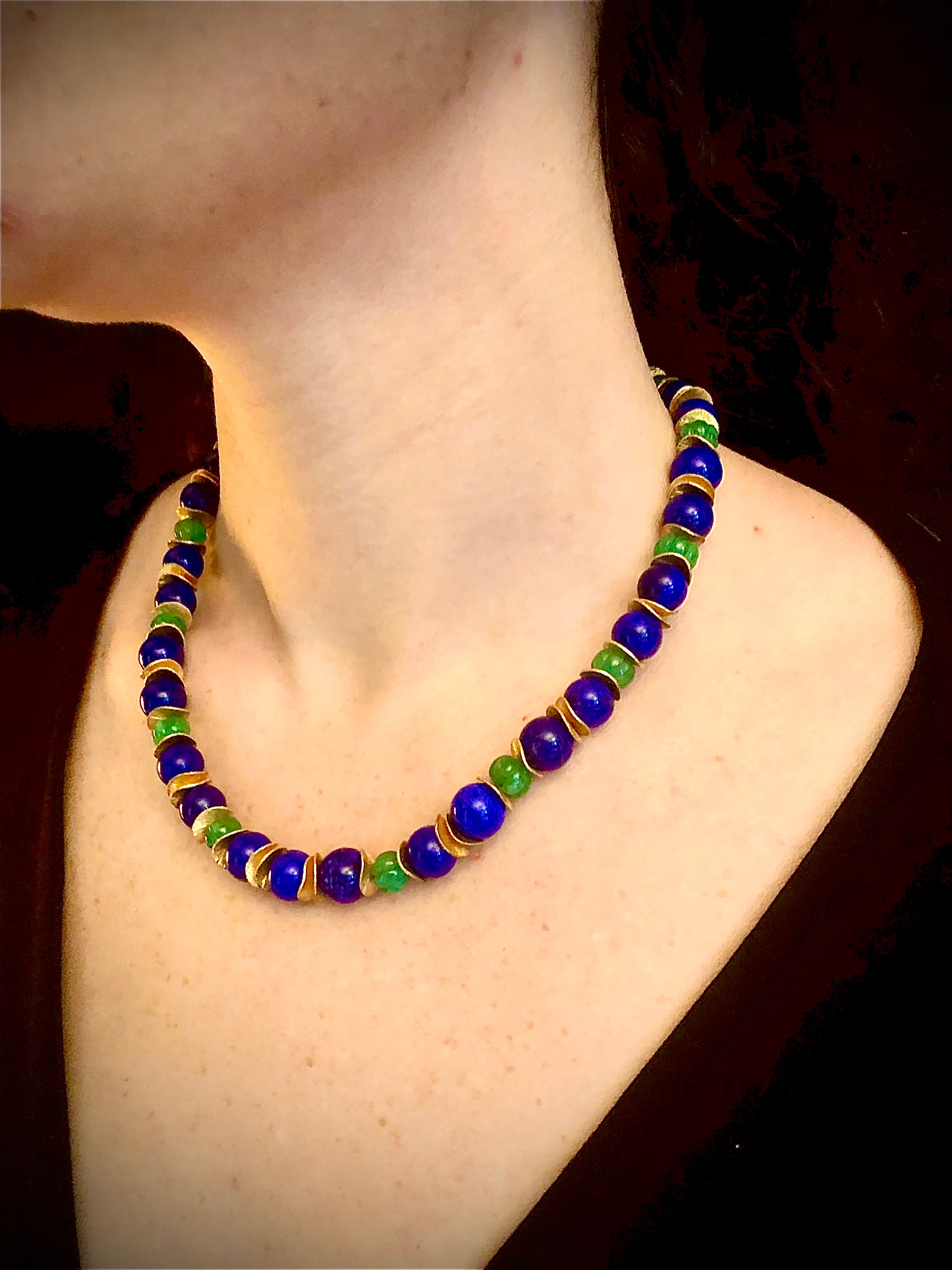 Emerald, lapis lazuli and vermeil necklace For Sale