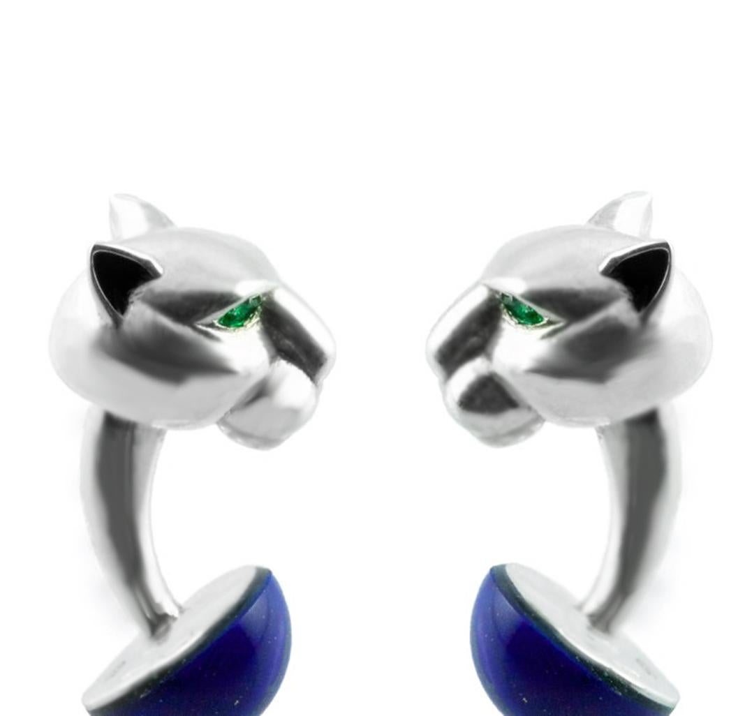 Sterling Silver 925 panther cufflinks embellished by emeralds on his eyes and a half sphere in lapis lazuli, ears with black enamel.

All AVGVSTA jewelry is new and has never been previously owned or worn. Each item will arrive beautifully gift